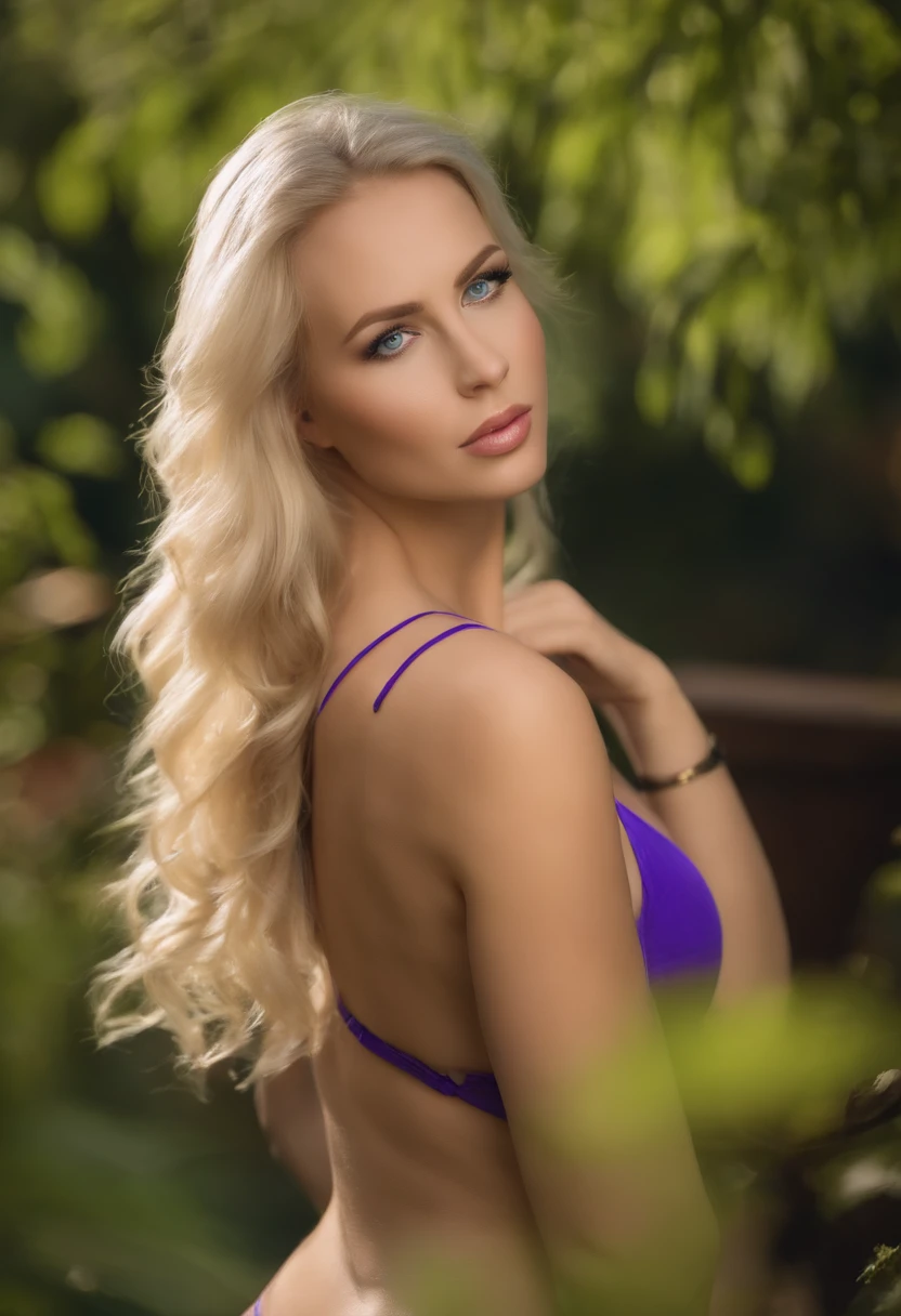 Sexy girl with blue eyes, ultra realistisch, Akribisch detailliert, blonde hair and big blue eyes, Selfie einer jungen Frau, Augen im garten, Violet Myers, Blick direkt in die Kamera, Gesicht mit Artgram, dezentes Make-up, Stunning full body shot, medium to large bust size sporty sexy