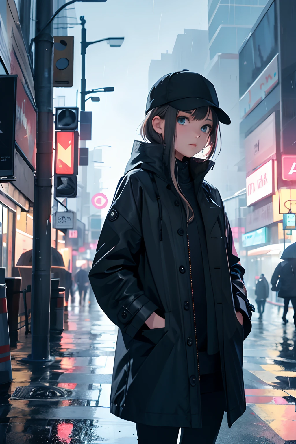 1girl, Night City, rain, coat, hands in pockets