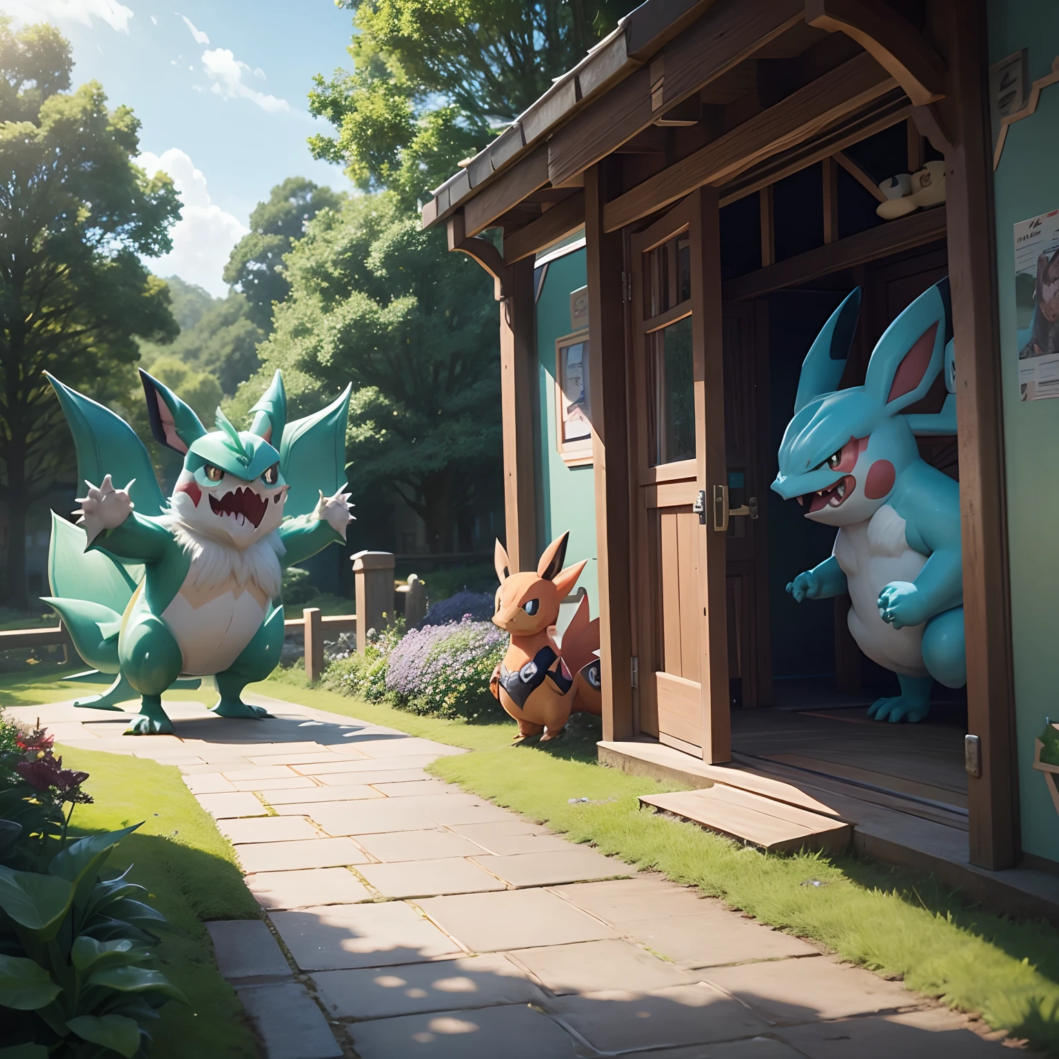 Photo advertisement for pokegrotto.uk with gengar, pikachu, decidueye, eevee and charizard