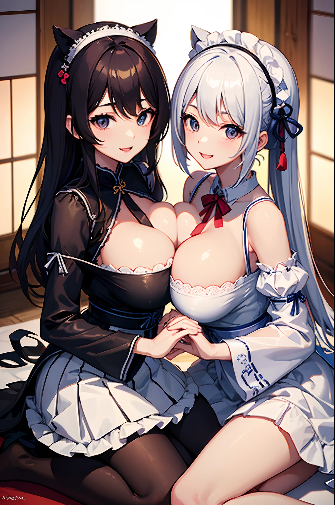 2 adult woman, twin, Japanese maid, smile for viewer, close each other, big breast