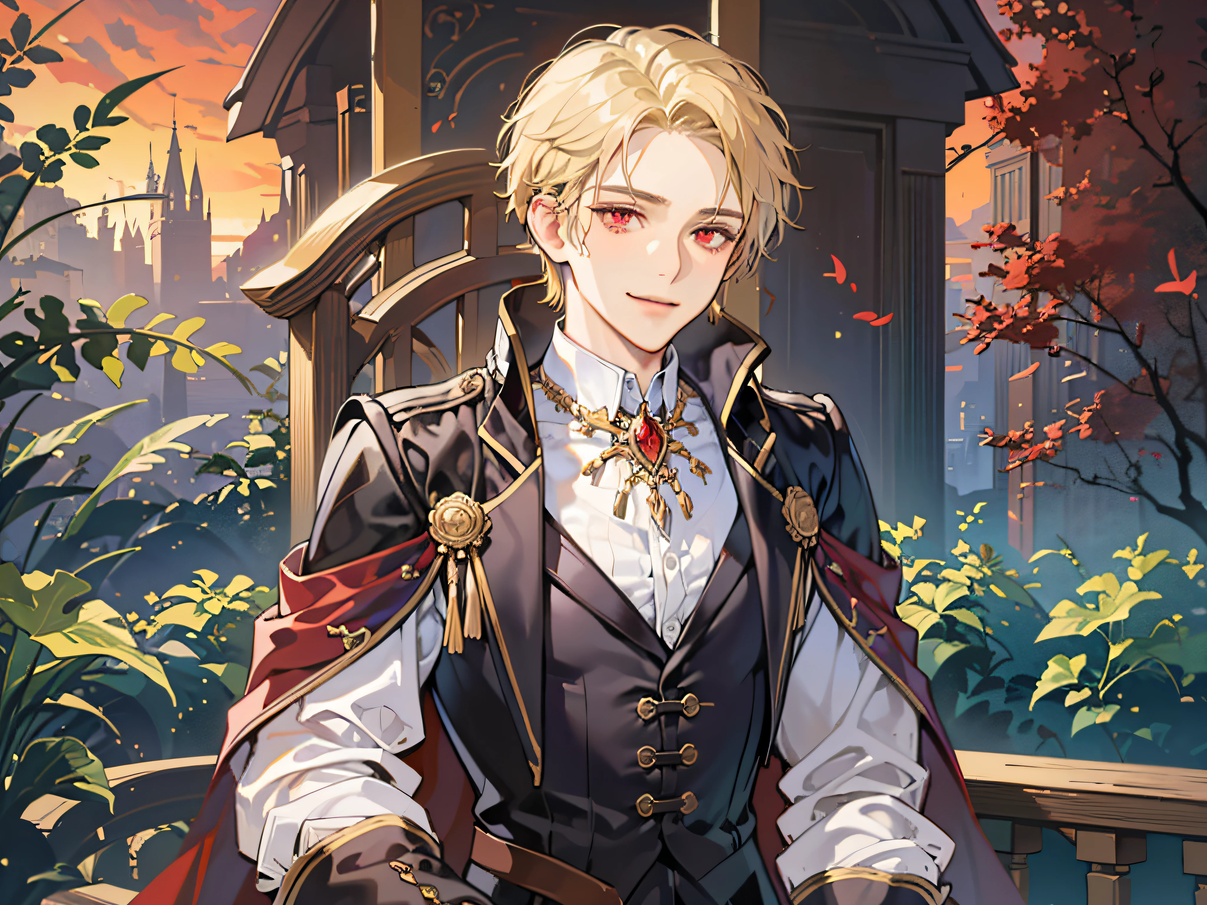 (absurderes, hight resolution, ultra-detailliert),(absurderes, hight resolution, ultra-detailliert), 1 male, Adult, Handsome, tall muscular man, broad shoulders, finely detailed  eyes and detailed face, Blond Hair, Large Baroque mansion of the 18th century, garden, nobles, nobles, Elegant, neat, Graceful, Sunset, Scenery, Smiling upper body, Attractive, Red Eyes, Vampire Fangs, Red Eyes, a throne, magical effect, flame
Waiting to start
