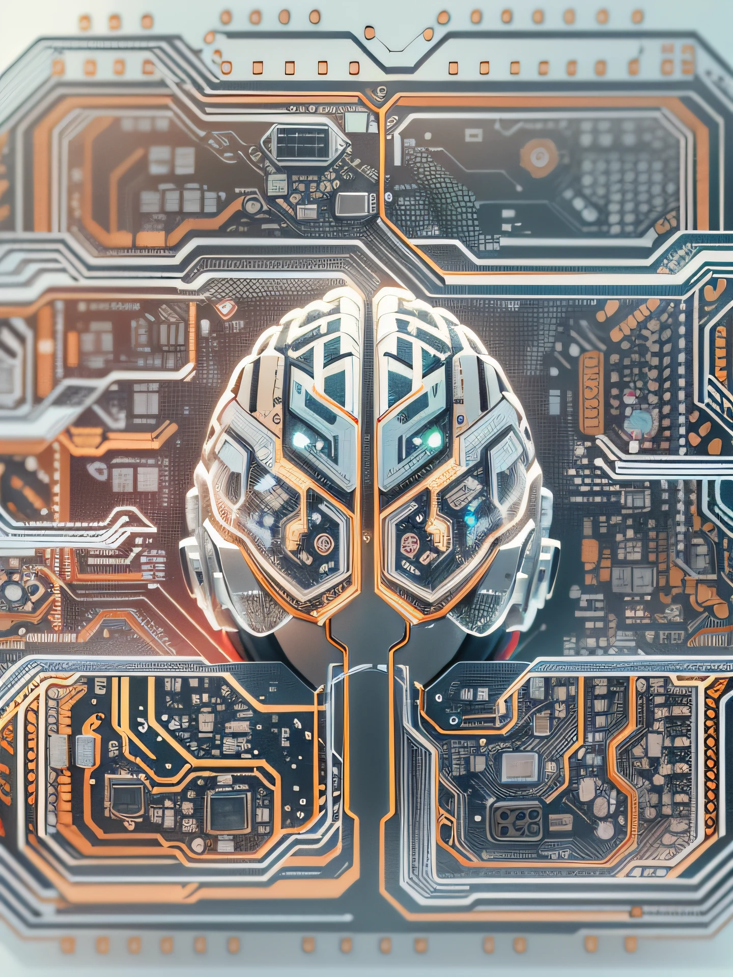 A human brain consisting of a circuit board and a pattern representing AI word processing, sci-fi style,white background,using opaque translucent and transparent structures, clear layers between structures,volumetric light, rich details, organic connection of components, rich colors,(Graphic illustration, geometric shapes, close-ups)