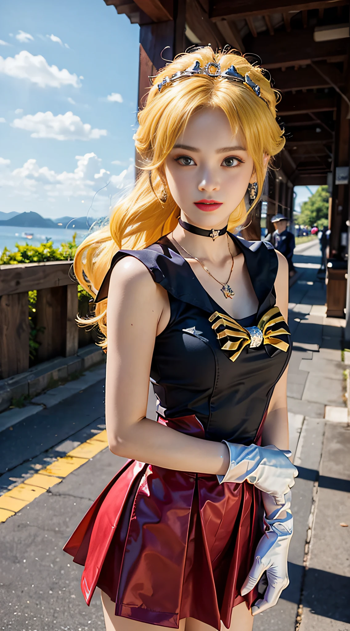 ((​masterpiece:1.4)、(top-quality:1.4)、(reallistic:1.7))、masuter piece:1.4、a beauty girl、(a beauty girl戦士セーラームーン:1.4)、a moon野うさぎ、Body Fit Sexy Sailor Senshi Uniform、(latex shiny)、(The jacket is a white sleeveless sailor suit...)、(Skirt Blue Sexy Ultra Ultra Pleated Mini Skirt)、There are two thin blue lines on the collar of the sailor uniform.................、high leg swimsuit、Red cloth ornament at chest、(Wearing white gloves)、Kawaii Girl、Super beauty、foco nítido、Portrait photos、(Perfect female body:1.4)、perfectly proportions、Upper body photography:1.4、美丽的面容、beautidful eyes、Narrow waist、beauty legs、(yellow  hair:1.4)、(length hair:1.2)、Beautiful udder、large full breasts:1.2、Sexy ass、Raw photo、red-lips、Red high heels:1.4、a choker:1.4、a necklace:1.4、耳环:1.4、Luxurious Golden Tiara:1.4、1 screen display、a moon、kosmos、kosmos船、kosmosステーション、City of the Future