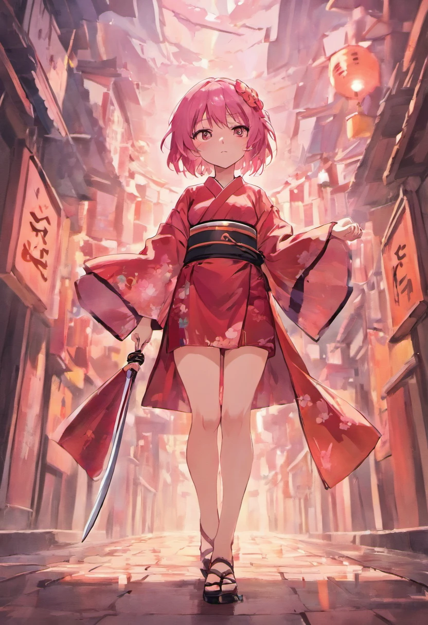 Girl with wolfcut hair and use kimono sakura. Color hair is pink white and she use big katana sword. Eye color is red and skin color is skinny. Black shoes, tall 160cm. Full body from hair to feet