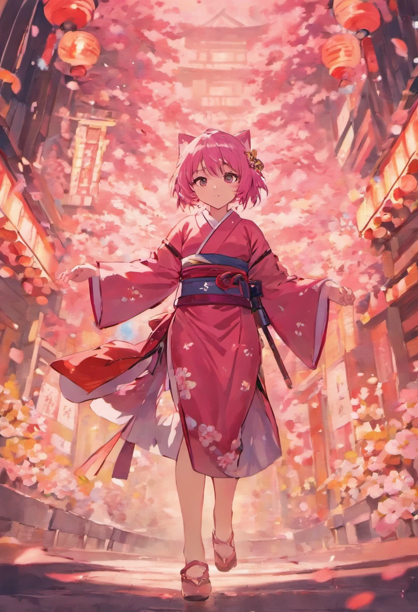 Girl with wolfcut hair and use kimono sakura. Color hair is pink white and she carry katana. Eye color is red and skin color is skinny. Black shoes, tall 160cm. Full body from hair to feet