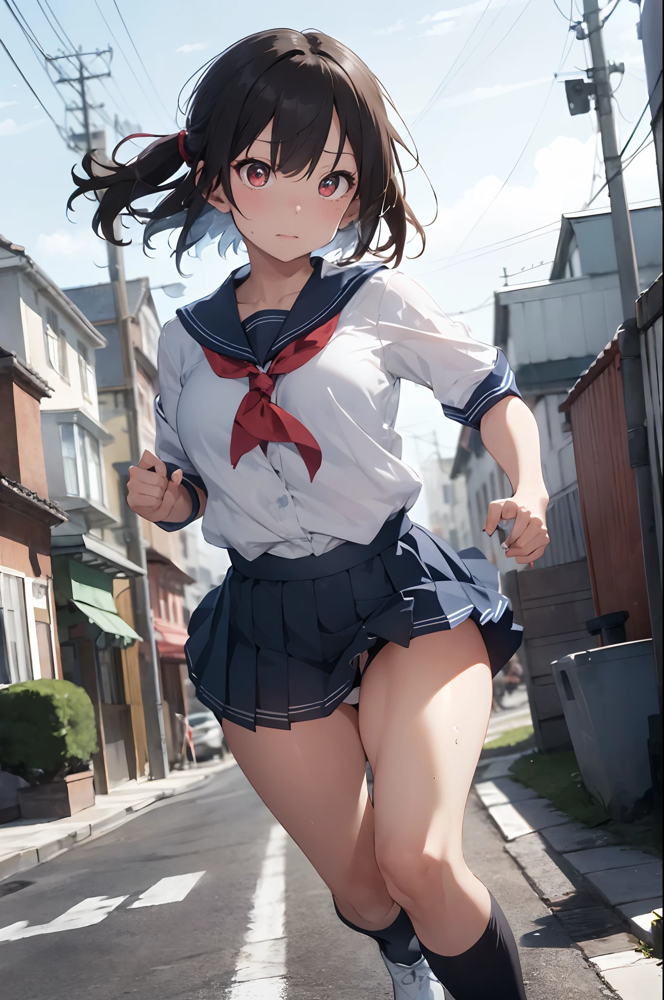 (tmasterpiece、top-quality、in 8K、32K、masterpiece、nffsw、超A high resolution、Impresionismo、Photorealsitic:1.2)、cowboy shot、foco nítido、detailed faces and eyes、beauitful face、blurry backround、blue open sky、shinny skin、Sharp pupils、Realistic pupils、beauitful face、blurry backround、18 year old beautiful girl、shinny skin、short-hair、poneyTail、Black and beautiful hair、Red Eyes、(a sailor suit、Dark blue pleated skirt、Running:1.3)、(Skirt Roll Up、White panties are visible:1.2)、thighs thighs thighs thighs、Curve、Dynamic Poses、Powerful composition、Have a sportback、Troubled face、I'm in a hurry、Teary-eyed、Sweating