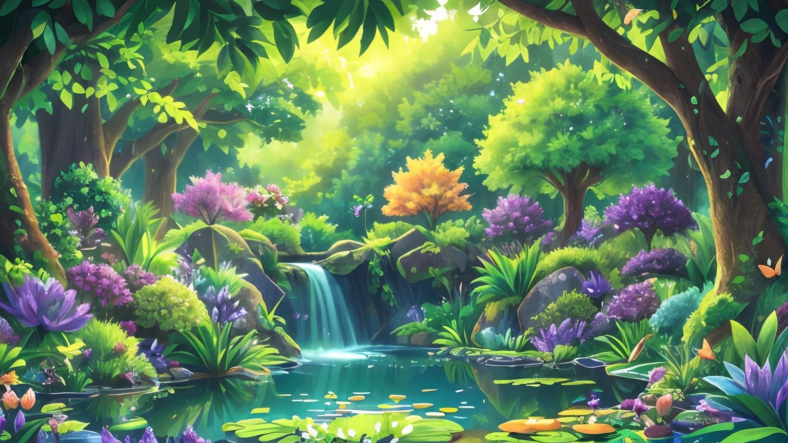 best quality,realistic,photorealistic,masterpiece:1.2,ultra-detailed,HD,studio lighting,sharp focus,physically-based rendering,professional,vivid colors,bokeh,landscape,a magical pond around the forest,beautiful nature scenery,breathtaking view,peaceful atmosphere,sunlight filtering through the trees,glistening water reflection,various types of colorful flowers,butterflies fluttering in the air,gentle breeze rustling the leaves,calm and serene environment,mystical and enchanting vibe,magical creatures hidden in the shadows,whispering of the forest spirits,magical aura surrounding the pond,sparkling dewdrops on the petals,dappled sunlight creating a mesmerizing effect,serene and vibrant colors blending harmoniously,tranquil and ethereal ambiance,majestic trees reaching for the sky,lush greenery embracing the pond's serenity,mythical creatures appearing from the depths of the water