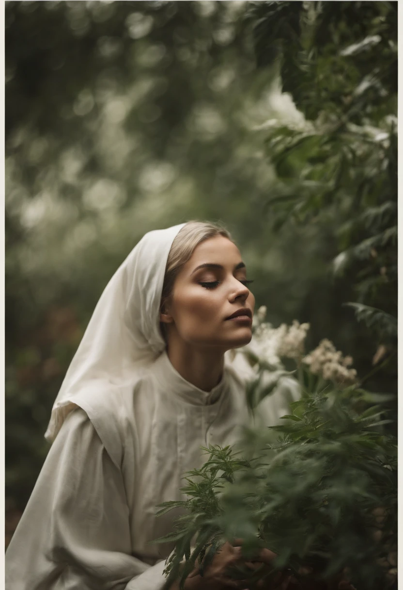 A serene young nun, surrounded by a lush garden, enjoys a quiet moment with her marijuana cigarettes, the smoke swirling around her in intricate patterns. the transparent habit shows her entire nude body