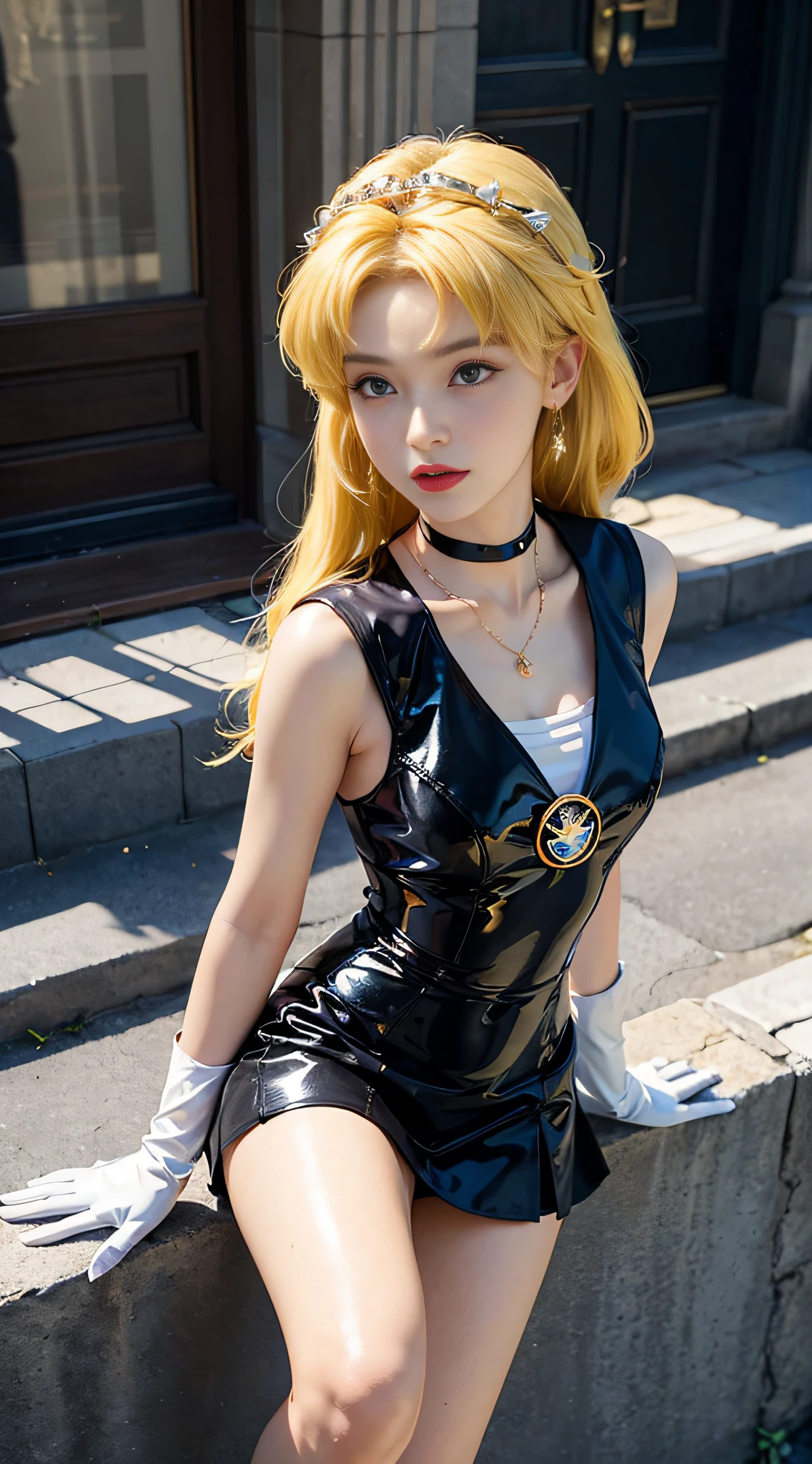 ((​masterpiece:1.4)、(top-quality:1.4)、(reallistic:1.7))、masuter piece:1.4、a beauty girl、(Sailor Moon:1.4)、Tsukino Usagi、Body Fit Sexy Sailor Senshi Uniform、(latex shiny)、(The jacket is a white sleeveless sailor suit)、(Skirt is blue sexy ultra ultra mini skirt)、The collar of the sailor suit is blue with two thin lines.、high leg swimsuit、Red cloth ornament at chest、(Wearing white gloves)、Kawaii Girl、Super beauty、foco nítido、Portrait photos、Upper body photography:1.4、beautiful countenance、beautidful eyes、Narrow waist、(Yellow hair:1.4)、(length hair:1.2)、Raw photo、red-lips、Red high heels:1.4、a choker:1.4、a necklace:1.4、耳Nipple Ring:1.4、Luxurious golden tiara on forehead:1.4、1 screen display、Outdoor landscape
