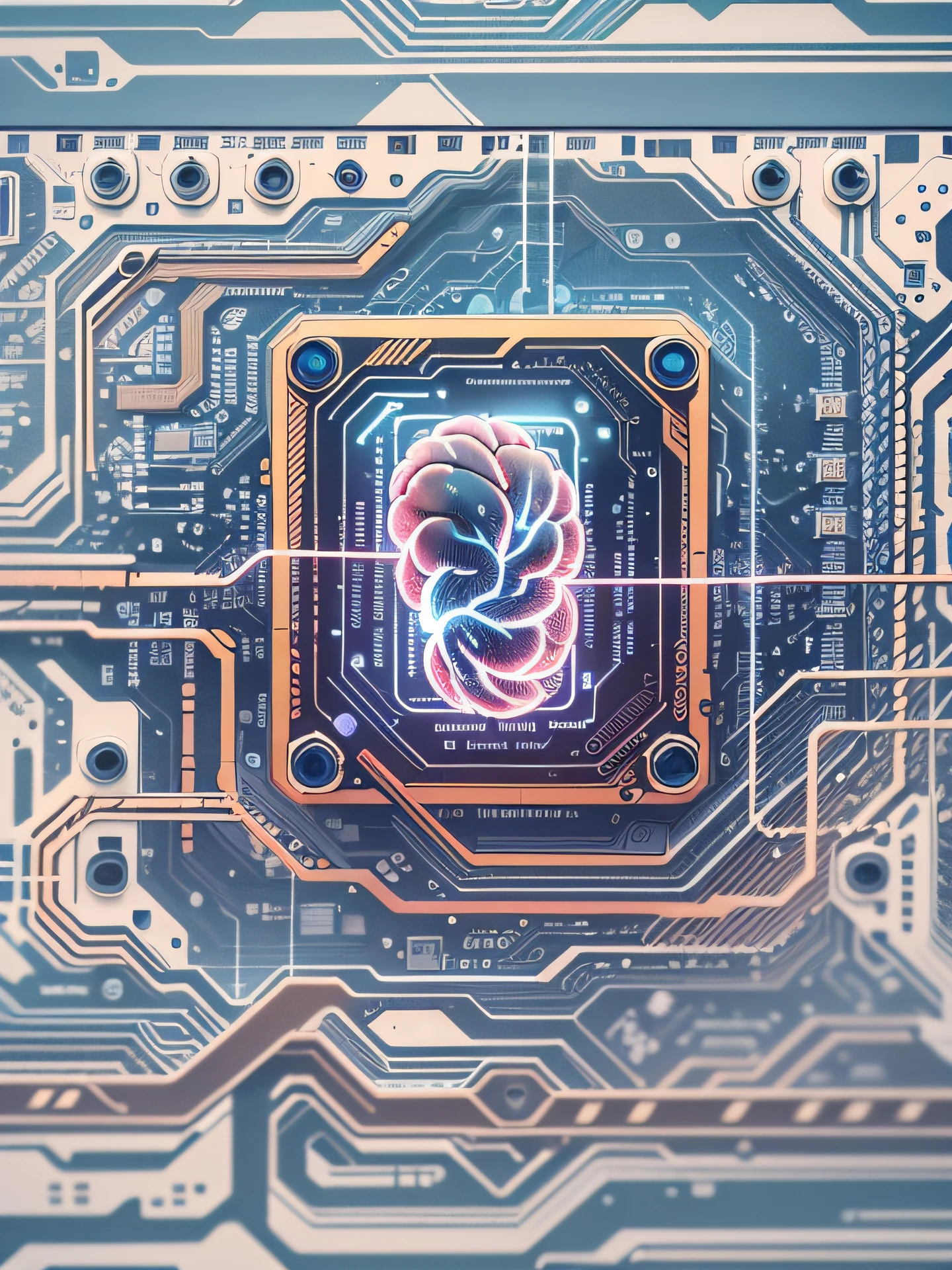 A human brain consisting of a circuit board and a pattern representing AI word processing, sci-fi style,white background,using opaque translucent and transparent structures, clear layers between structures,volumetric light, rich details, organic connection of components, rich colors,(Graphic illustration, geometric shapes, close-ups)