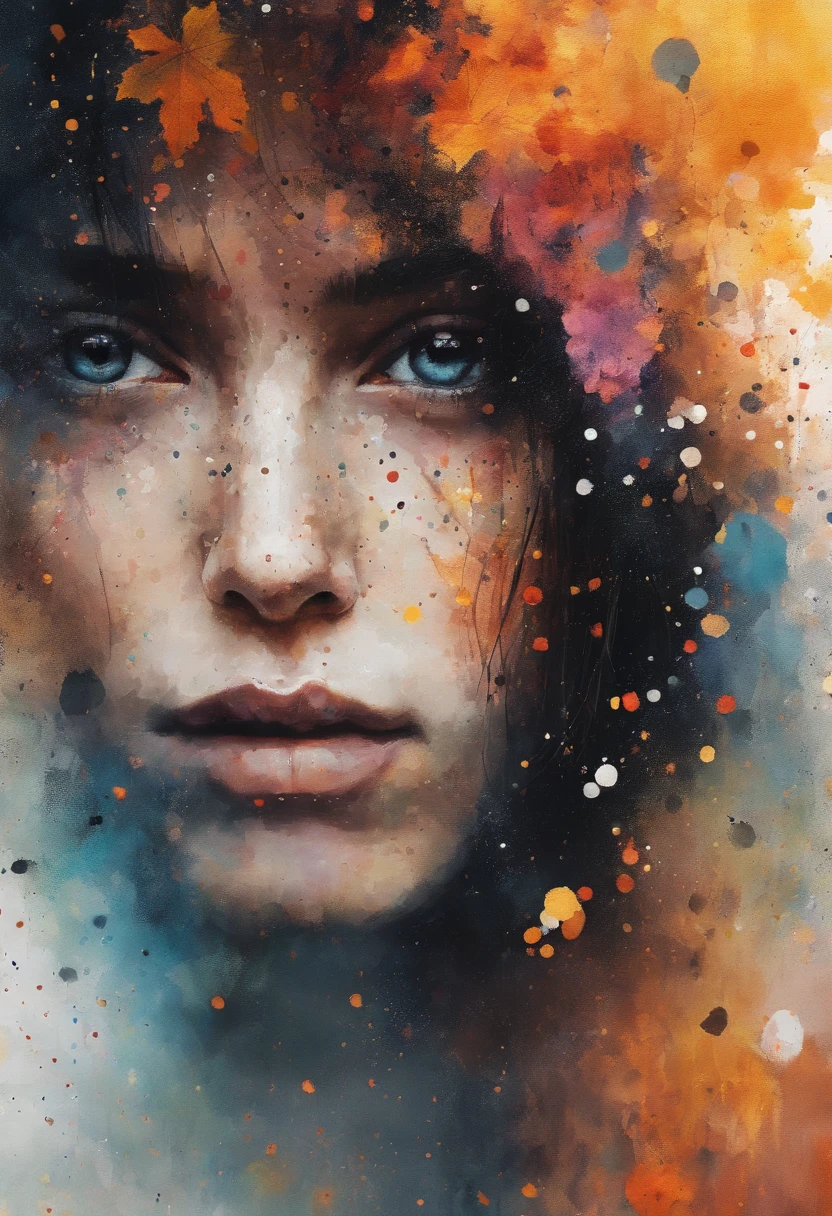 A painting of a woman with blue eyes and orange paint splatters - SeaArt AI