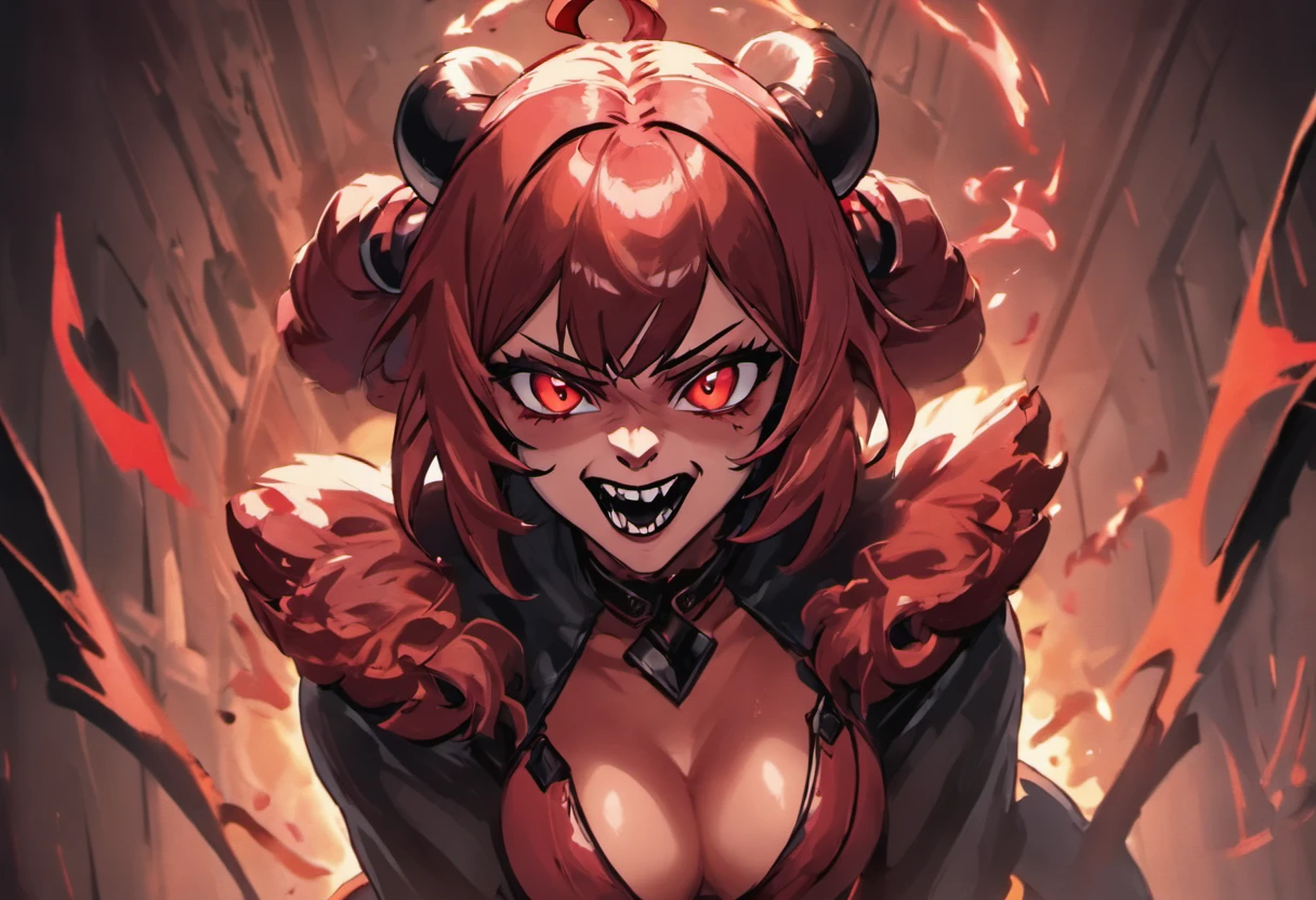 a sinister she-devil looking at the viewer with a creepy smile in a room
