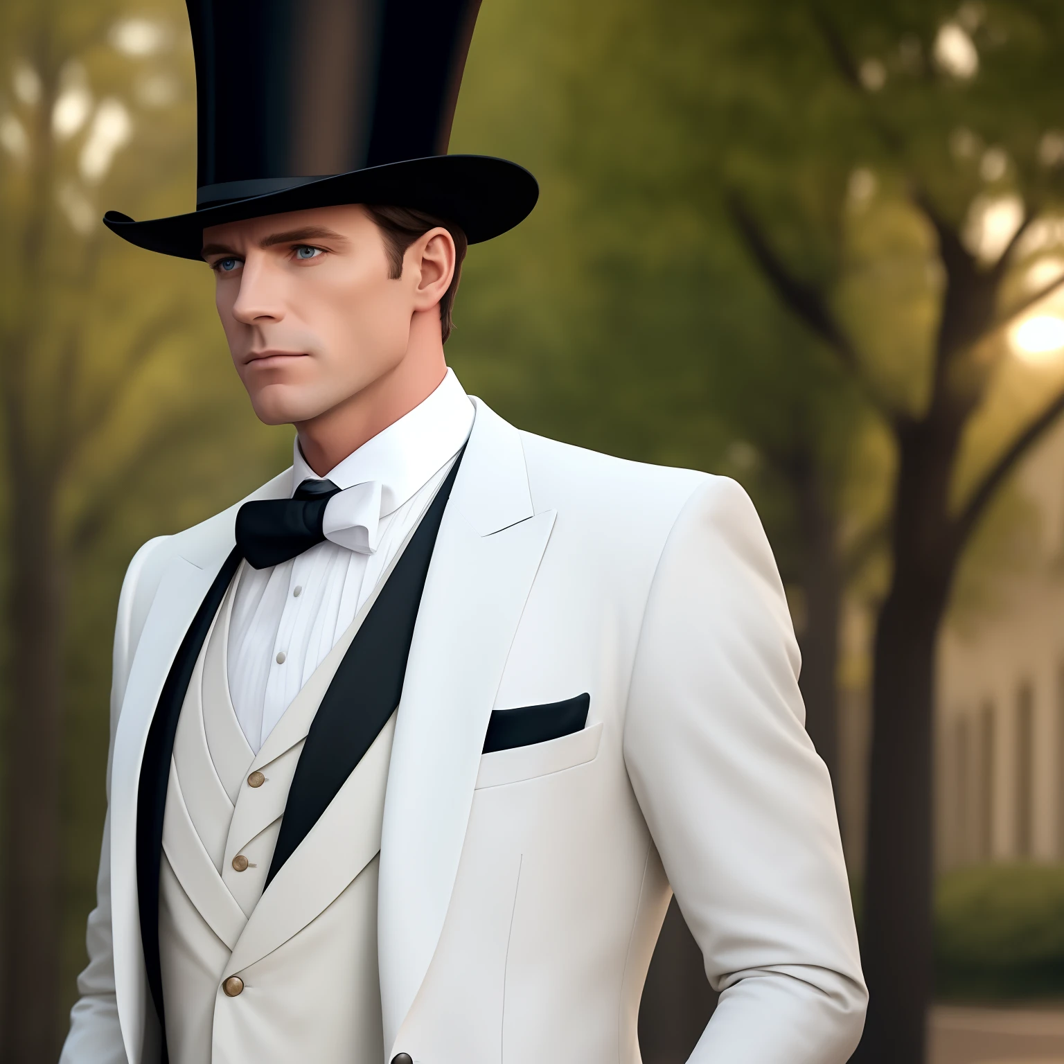(A white man in a top hat wearing a jacket and tie) | (Elegant men's mature formal wear), Cinematic 8K