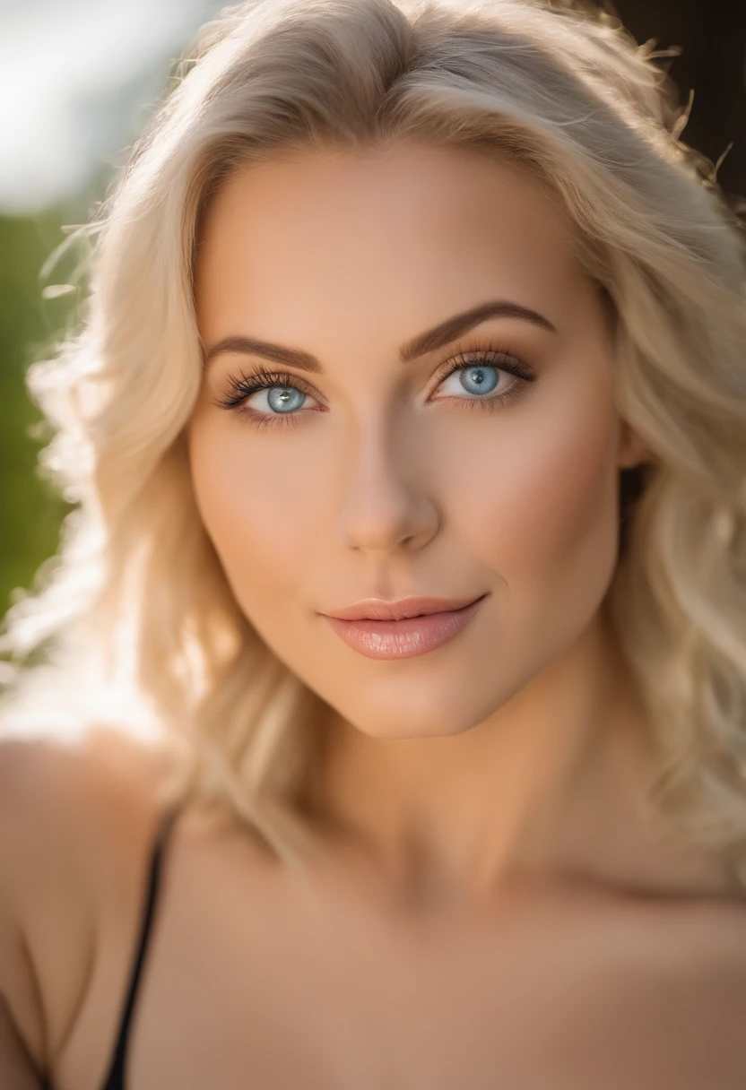 Sexy girl with blue eyes, ultra realistisch, Akribisch detailliert, blonde short hair and big blue eyes, Selfie einer jungen Frau, im garten, Blick direkt in die Kamera, Gesicht mit Sommersprossen icht perfekt, dezentes Make-up, Stunning full body shot, medium to large bust size sporty sexy