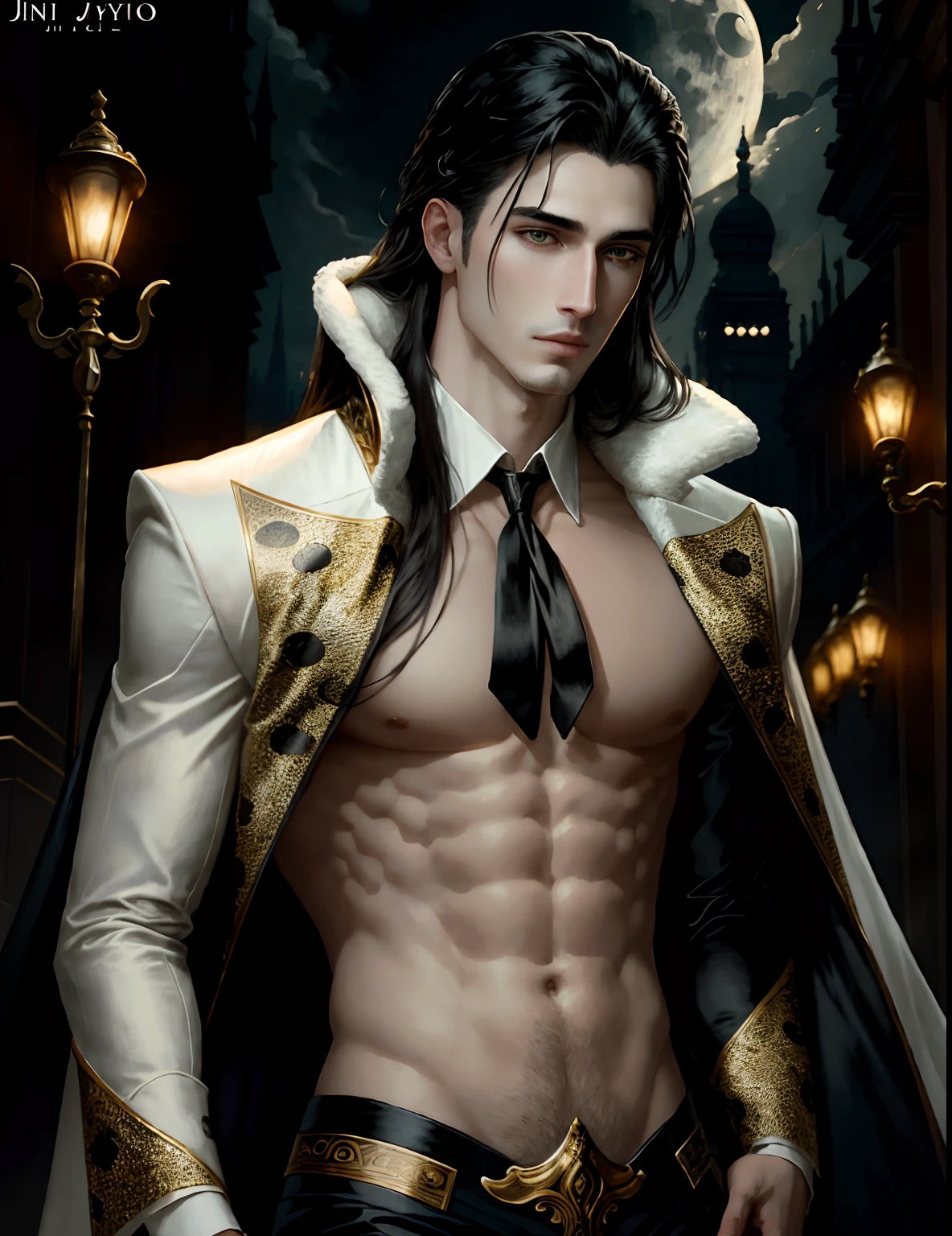masterpiece, highest quality, (solo focus), (perfect face:1.1), (high detail:1.1),dramatic, 1guy, (pale skin), long white,black hair, green eyes, solo, long hair, moon, night, black,white luxury suit, covered navel, pouty lips, covered, London city, detailed background, art by artgerm and greg rutkowski, gothic renaissance, cinematic lighting, animal print, male Cruella de Vil, art by Heise Jinyao, by zeilyan