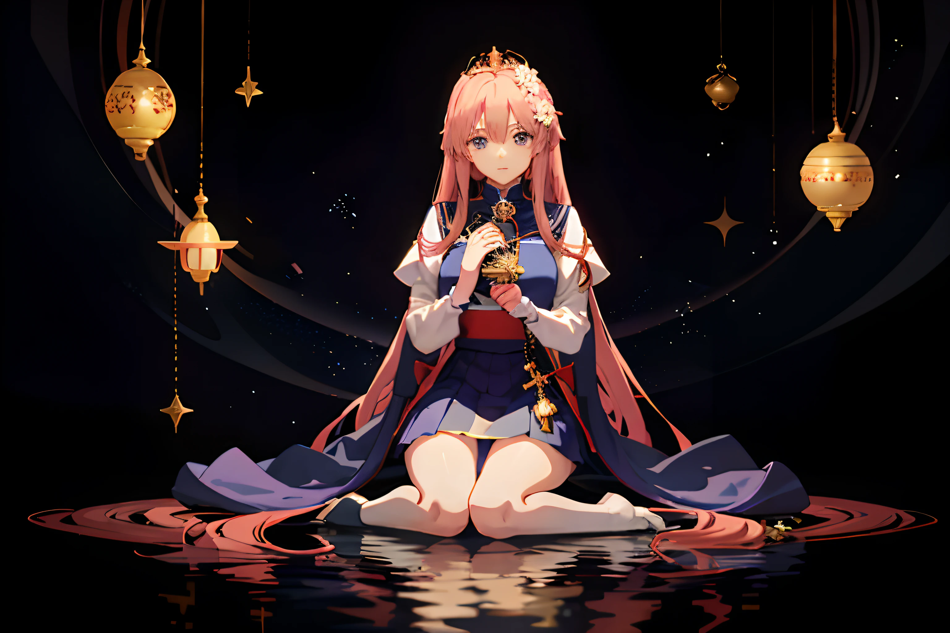An anime character sits on the ground with a flower as the background, two beautiful anime girls, wearing short skirts, the queen and ruler of the universe, the flower prince crowned as the king, the king recites a hymn for the princess, an anime kangaroo, high-quality fan artwork, Zero Zen art, a 80s anime style with 14% influence, anime style resembling Fate/stay night, staying overnight, 4K manga wallpapers, anime images.