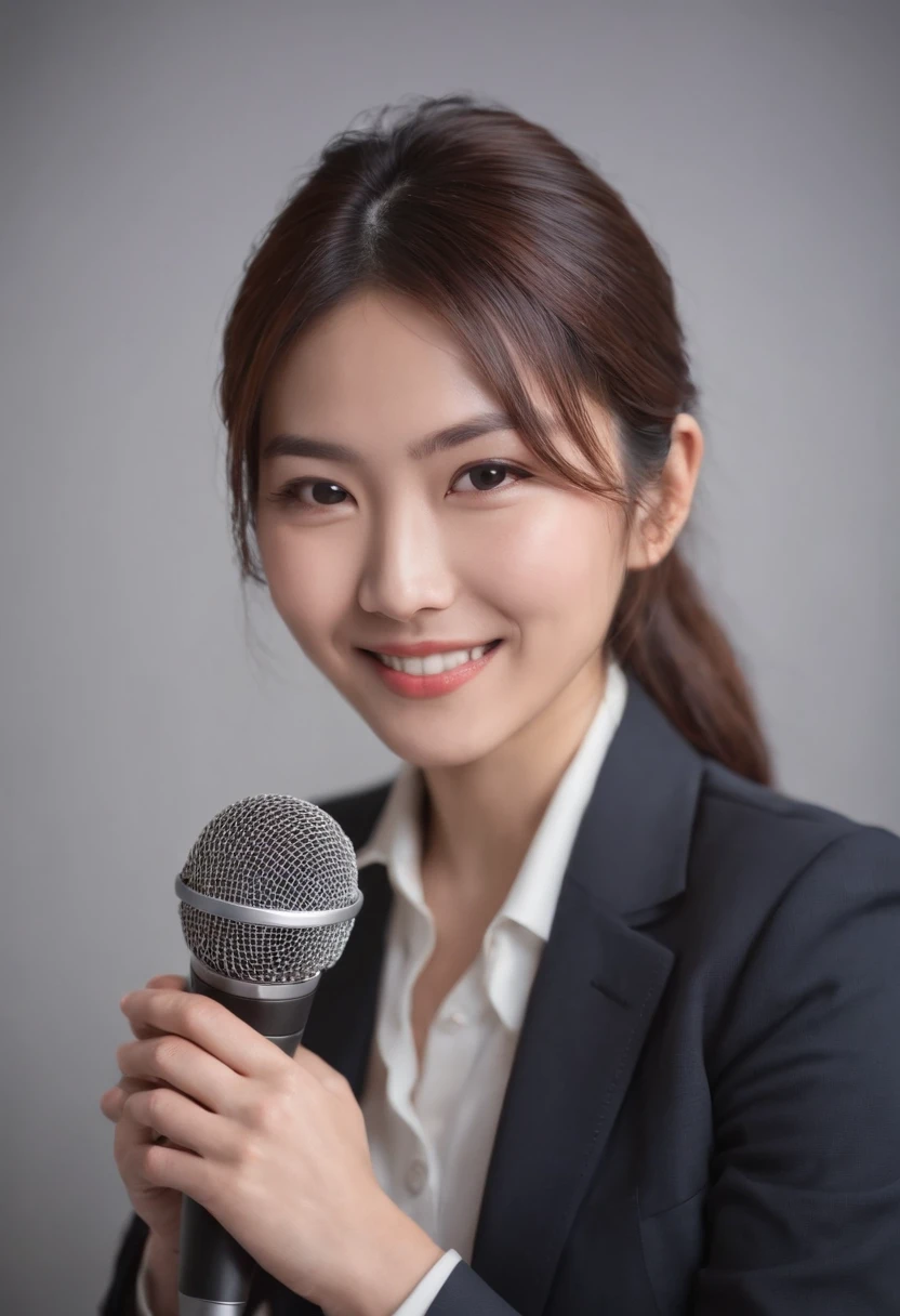 Hold the microphone facing you.、30 year old Japanese woman smiling in suit