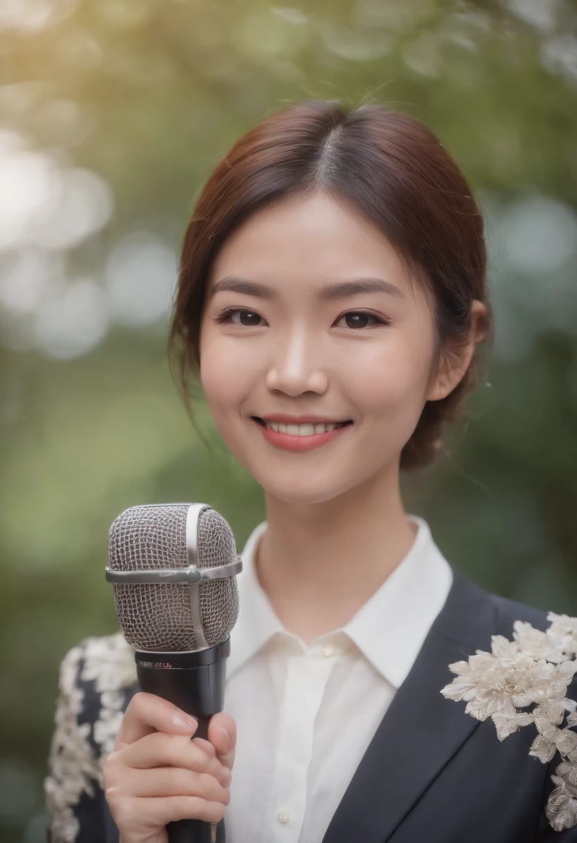 Hold the microphone facing you.、30 year old Japanese woman smiling in suit