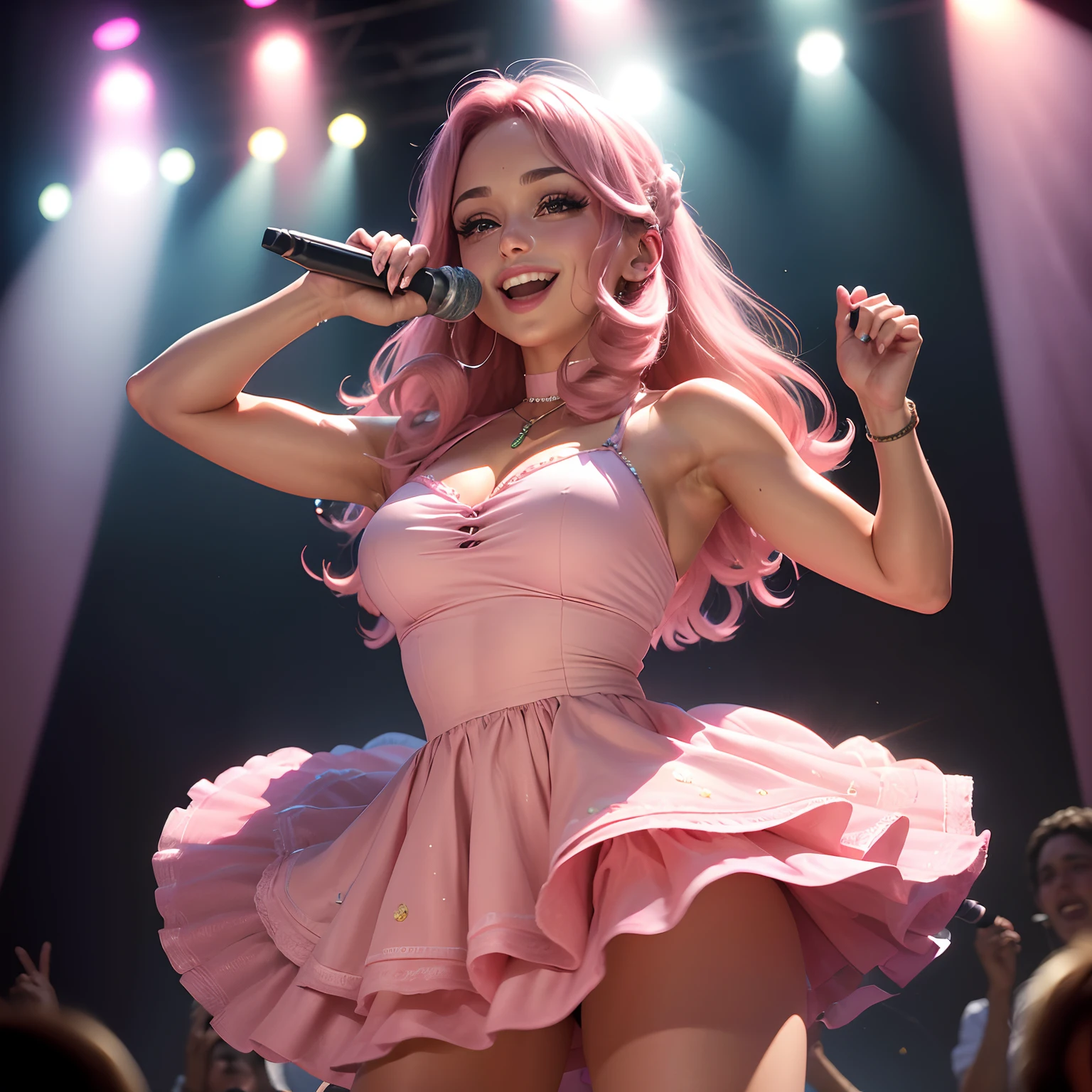 (Melhor qualidade), (ultra qualidade), (HD), (imagem inteira), (imagem no palco de um show), (Mulher de 25 anos, pele branca, cabelo rosa pink, sorrindo, com vestido, holding a microphone with his right hand close to his lips, uma pop star).