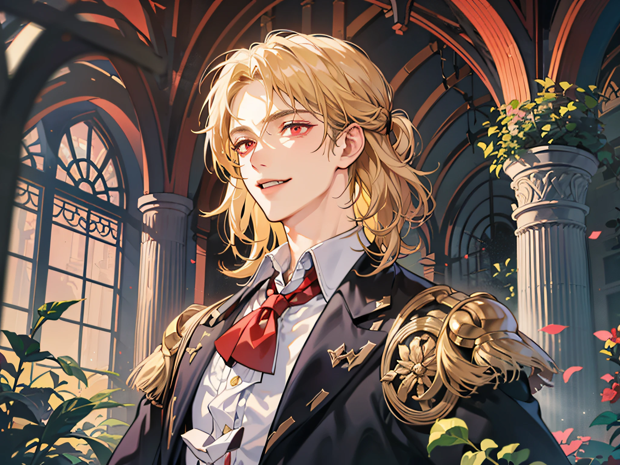 (absurderes, hight resolution, ultra-detailliert),(absurderes, hight resolution, ultra-detailliert), 1 male, Adult, Handsome, tall muscular man, broad shoulders, finely detailed  eyes and detailed face, a blond, Large Baroque mansion of the 18th century, garden, nobles, nobles, Elegant, neat, Graceful, Sunset, Scenery, Smiling upper body, Attractive, Red Eyes, Vampire Fangs, Red Eyes