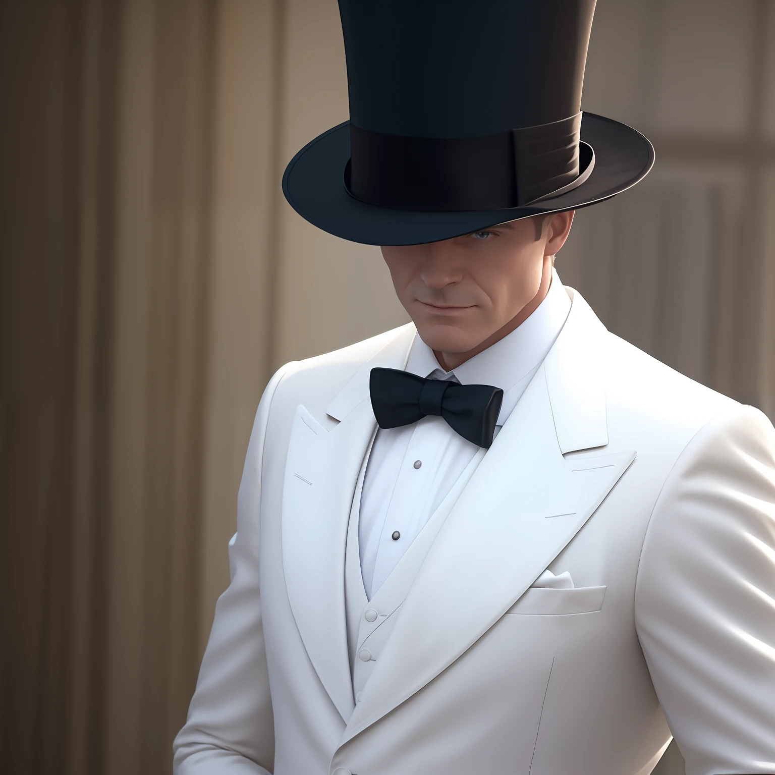 (A white man in a top hat wearing a jacket and tie) | (Elegant men's mature formal wear), Cinematic 8K