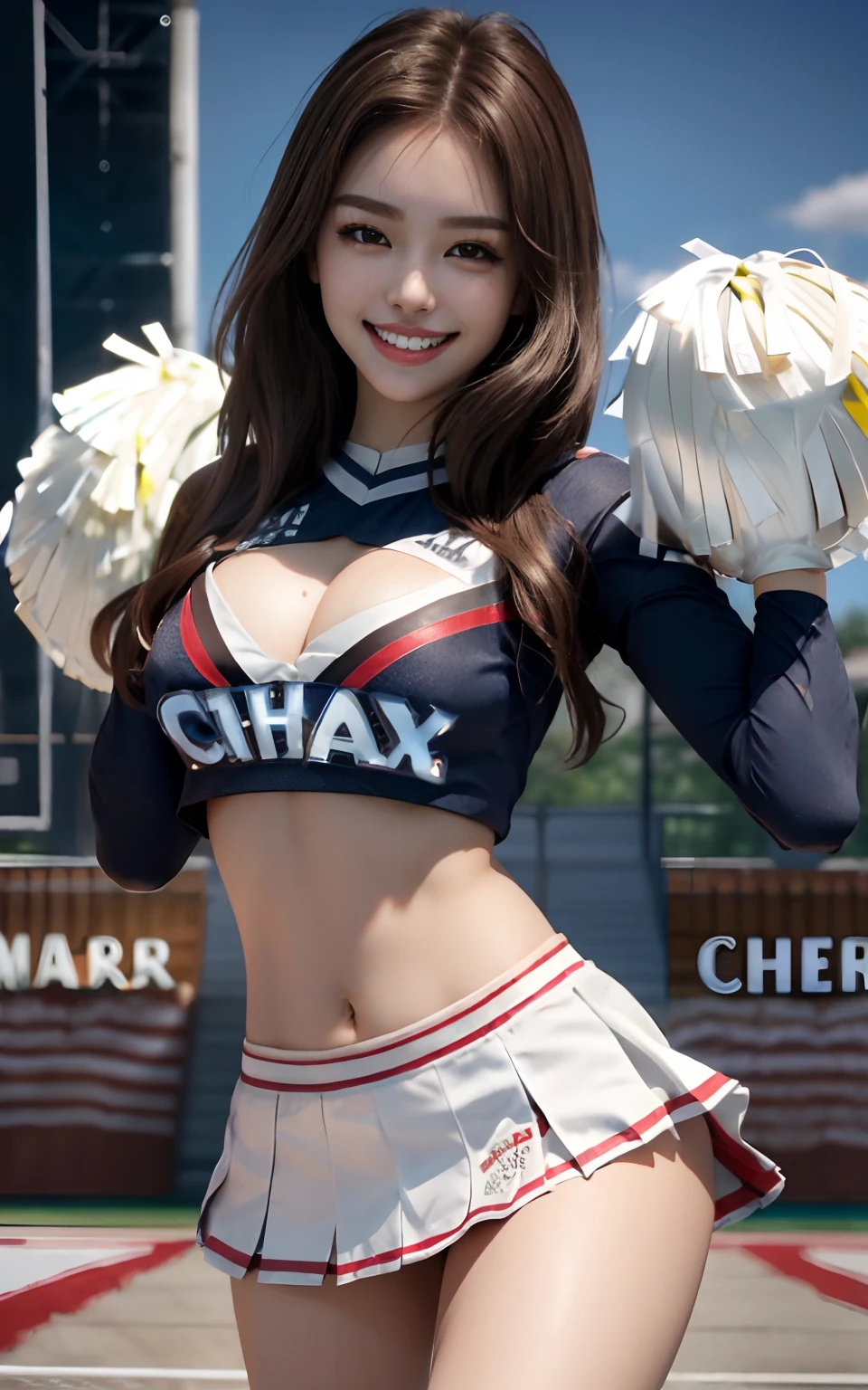 8K raw photos、Beautie:2.0、24 year old、japanes、cute little、cleavage of the breast、((cheer girl:1.5))、a miniskirt、beautiful eyes finely detailed、Eye lashes、((Brown eyes:1.2))、Beautiful double eyelids、"cheer" inscription on the top, eyeshadows、Perfect eye makeup、((A smile:1.6))、Beautiful and thin legs、(chestnut-colored hair)、Medium Hair、fluffy hair、stadio、Daytime、Latina、Photorealsitic:1.9、Sexy navel、Skinny Legs、tthin eyebrows、Tear bag、lofty nose、((Highly sexual))