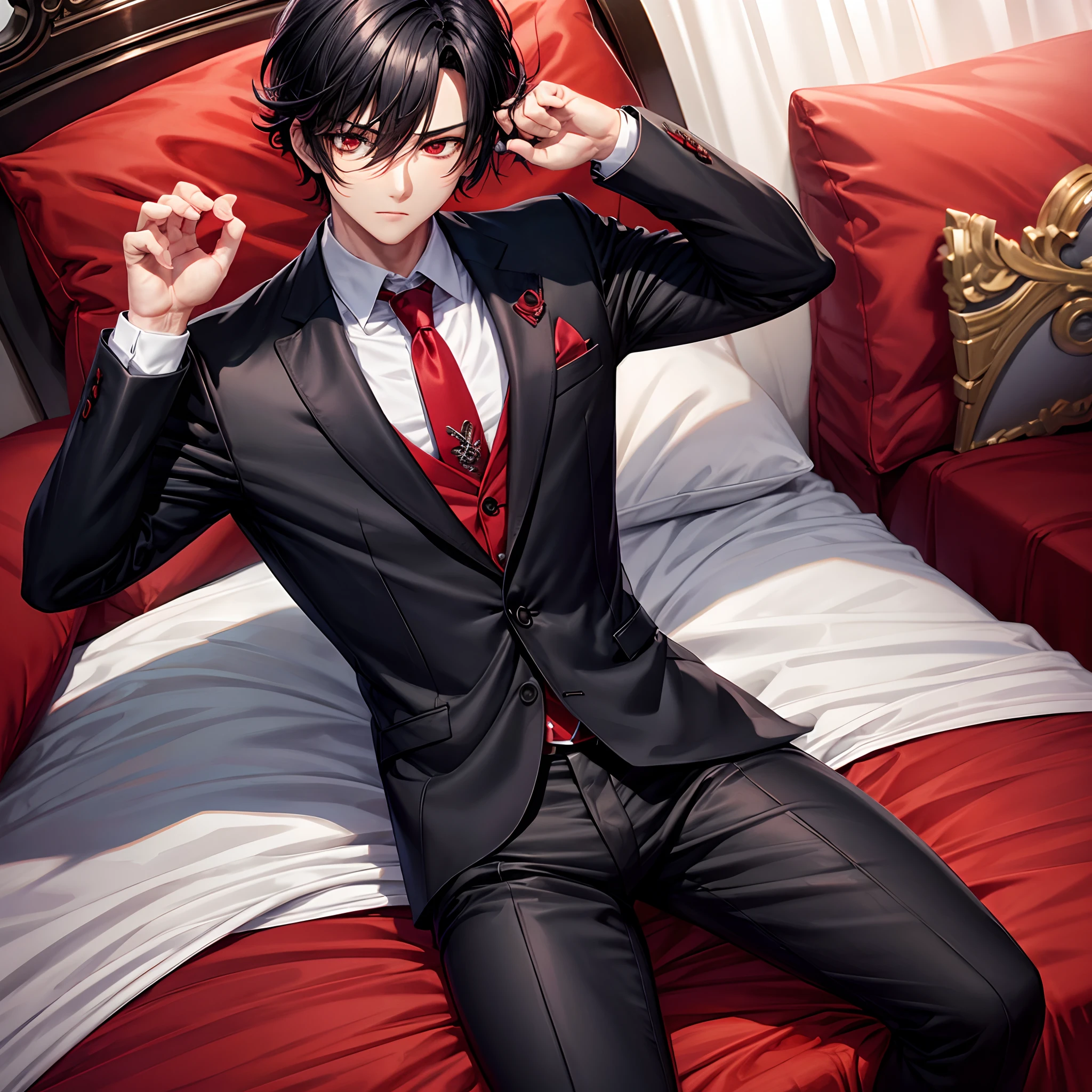 Red eyes black hair with suit on bed muscular boy