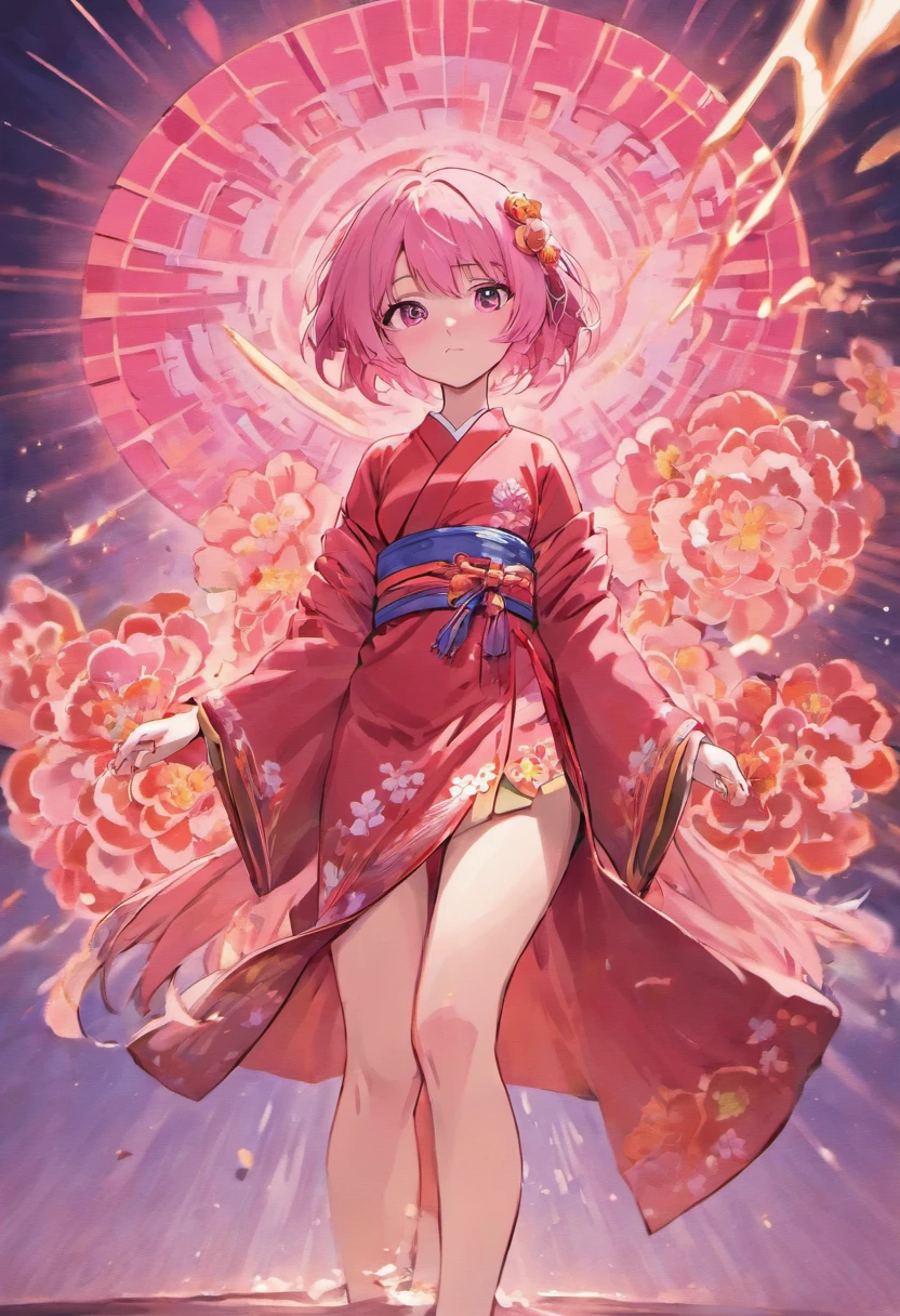 Girl with wolfcut hair and use kimono sakura. Color hair is pink and she carry katana. Eye color is red. Use sandal and tall 160cm. Full body from hair to feet. Age