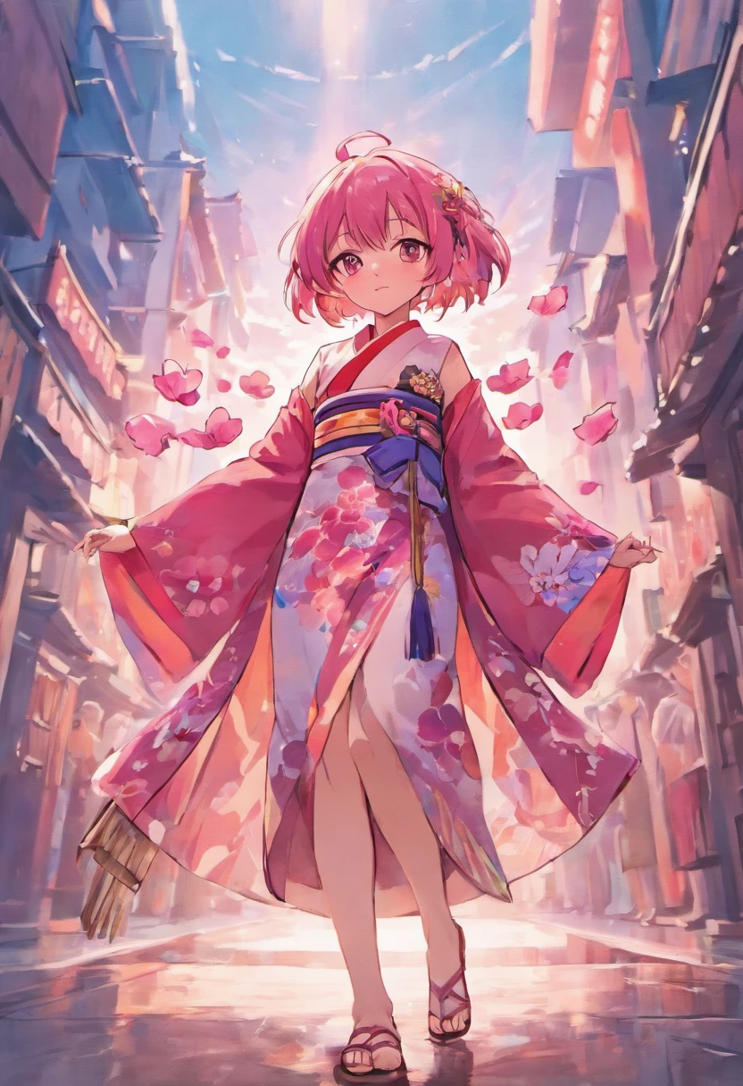 Girl with wolfcut hair and use kimono sakura. Color hair is pink and she carry katana. Eye color is red. Use sandal and tall 160cm. Full body from hair to feet. Age 