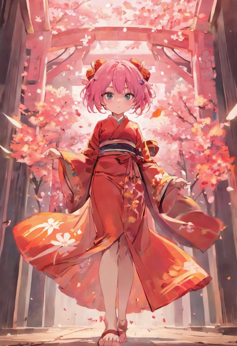 Girl with wolfcut hair and use kimono sakura. Color hair is pink and she carry katana. Eye color is red. Use sandal and tall 160cm. Full body from hair to feet. Age 17 years old