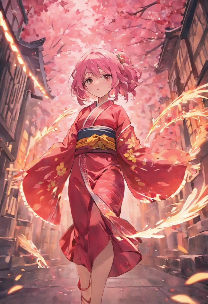 Girl with wolfcut hair and use kimono sakura. Color hair is pink and she carry katana. Eye color is red. Use sandal and tall 160cm. Full body from hair to feet. Age 