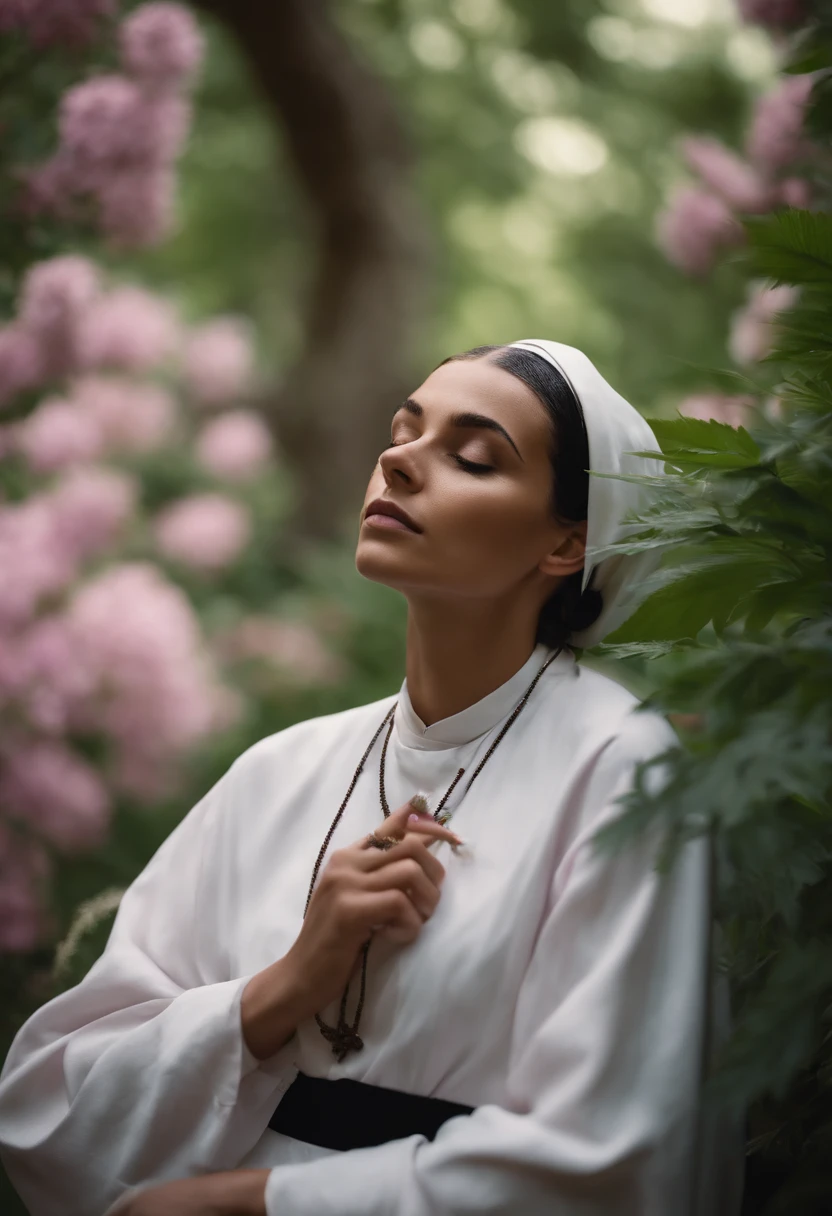 A serene young nun, surrounded by a lush garden, enjoys a quiet moment with her marijuana cigarettes, the smoke swirling around her in intricate patterns. the transparent habit shows her entire body, big pink nipless