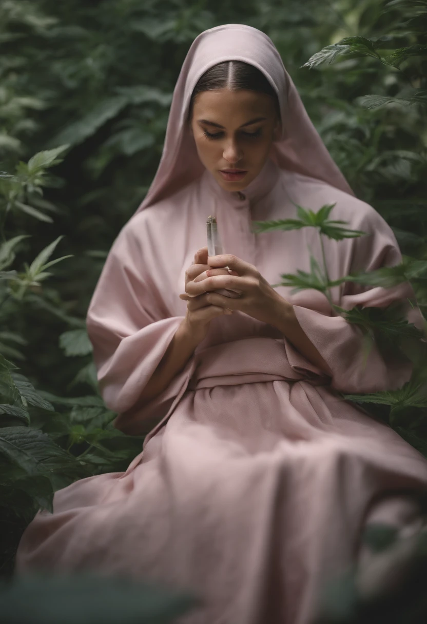 A serene young nun, surrounded by a lush garden, enjoys a quiet moment with her marijuana cigarettes, the smoke swirling around her in intricate patterns. the transparent habit shows her entire body, big pink nipless