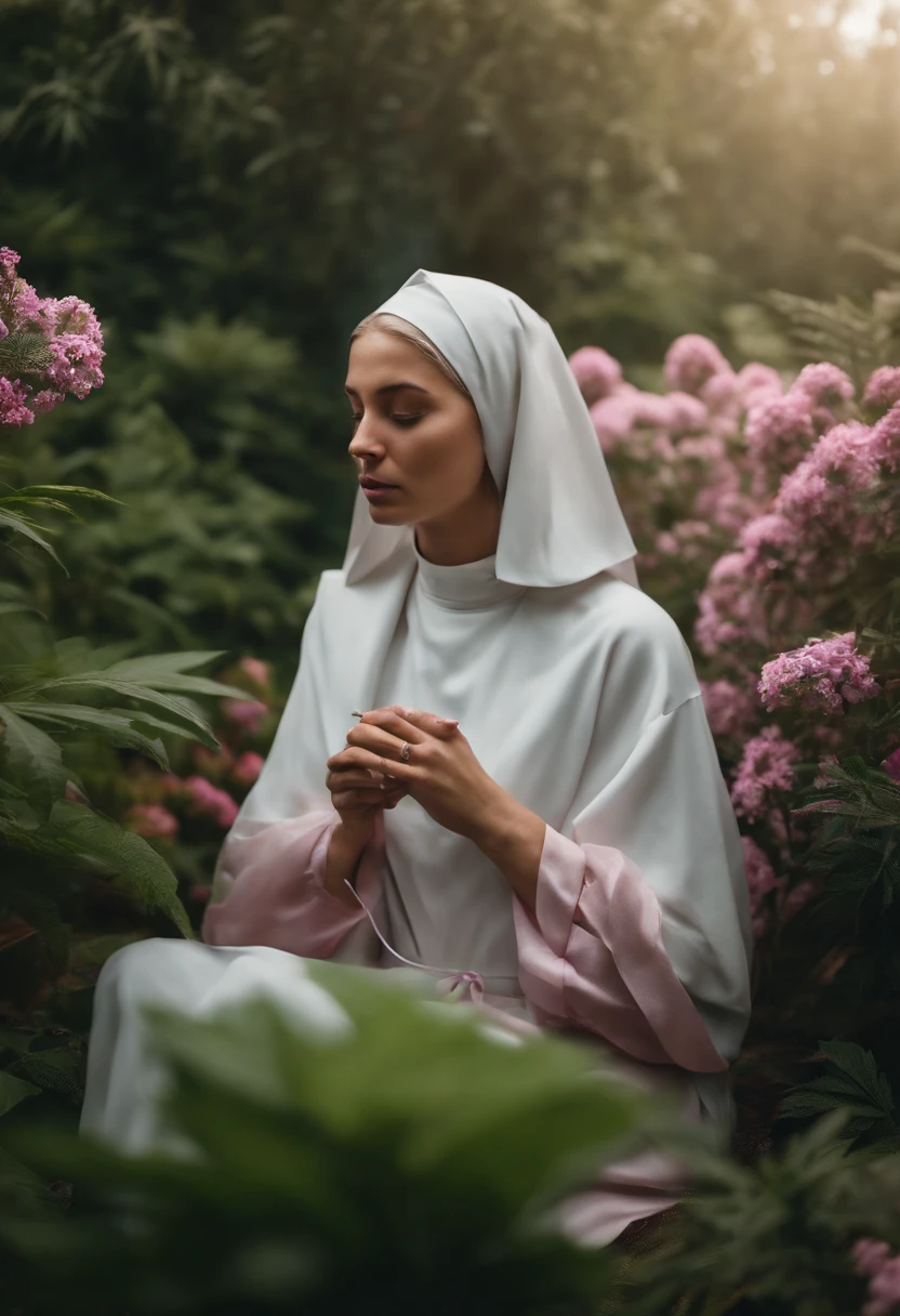 A serene young nun, surrounded by a lush garden, enjoys a quiet moment with her marijuana cigarettes, the smoke swirling around her in intricate patterns. the transparent habit shows her entire body, big pink nipless
