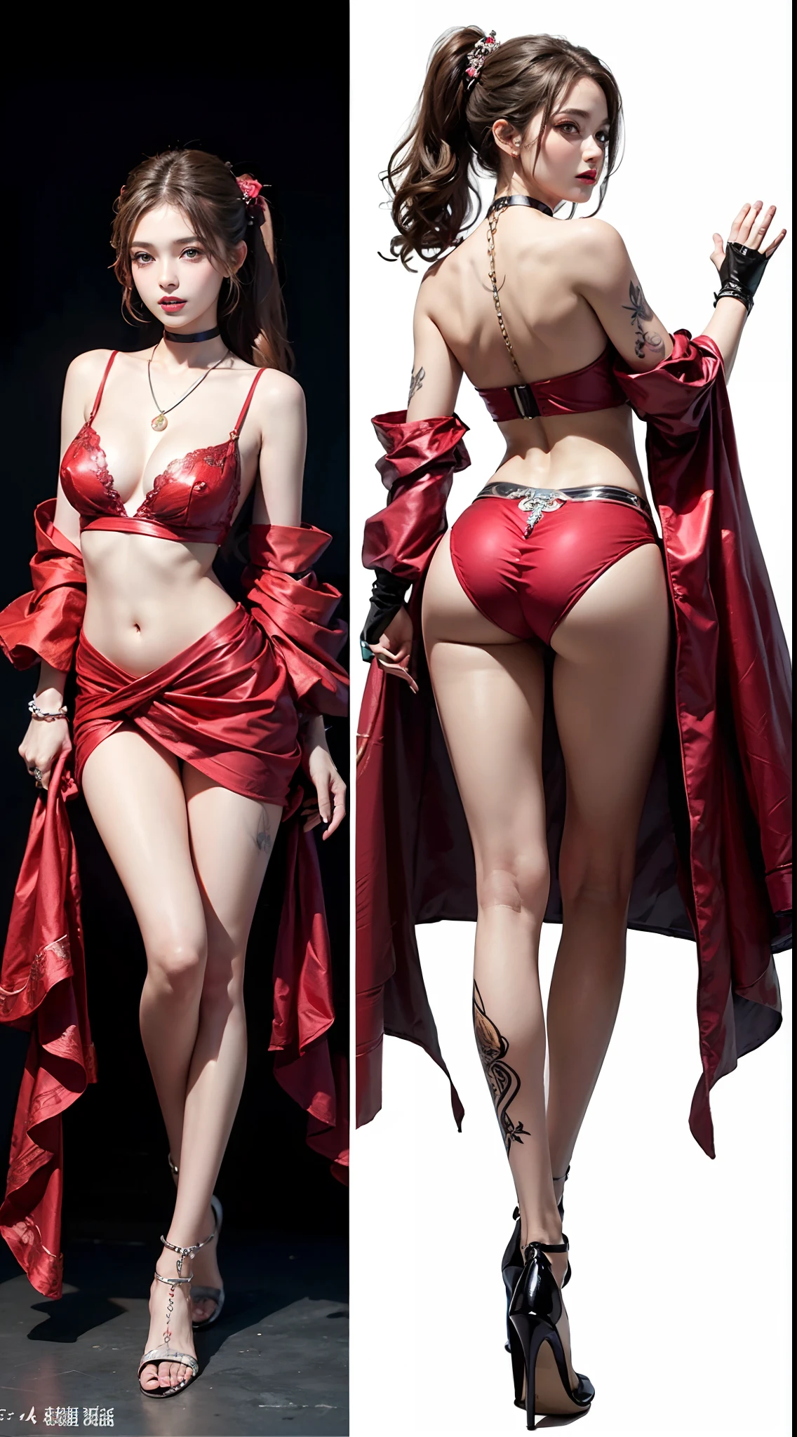 ((masterpiece:1.4)、(top-quality:1.4)、(reallistic:1.7))、Ultra-realistic portrait of a beautiful girl by Luis Royo、Super beautiful girl、((1girl in:1.4))、Shiny natural skin texture、(Cute clothes)、(Chic outfits)、(super model:1.4)、(Professional Photography:1.4)、By Luis Royo、age19、(Cute tattoos:1.4)、(Fantastic art:1.4)、(Two arms:1.4、Two legs:1.4)、(perfect anatomia:1.4)、(Perfect female body:1.4)、(Full body shooting)、foco nítido、Portrait photo of a girl、Close-up photos、Fantasyart、Soft front light、beautiful countenance、kawaii faces、Beautiful udder、large full breasts:1.2、Beautiful ass、A detailed eye、Draw the eyes clearly, Beautiful and attractive eyes、beautidful eyes、Narrow waist、beauty legs、Raw photo、red-lips、Red high heels、poneyTail、(a choker:1.4、a necklace:1.4、耳Nipple Ring:1.4)、1 screen display、Photography Studio