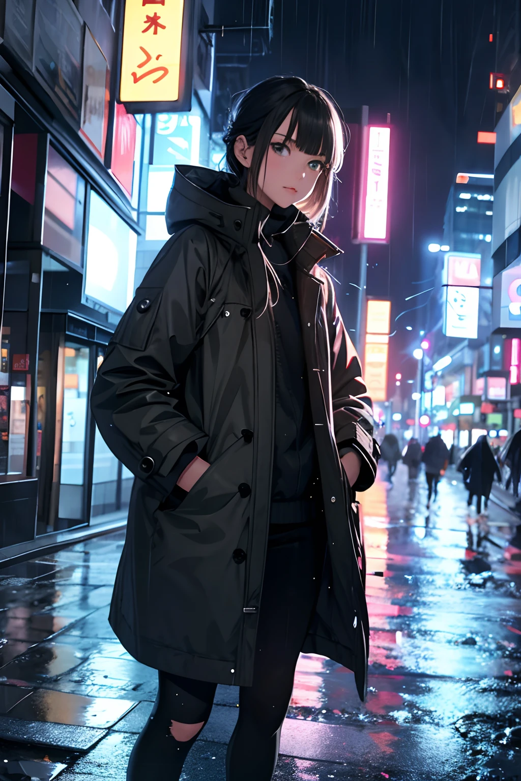 Anime girl in a raincoat standing on a city street - SeaArt AI