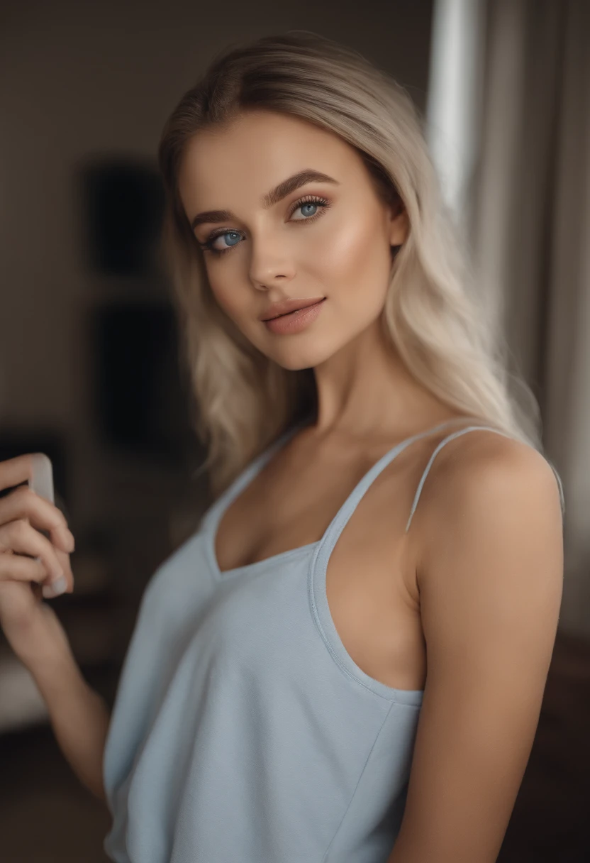 woman with matching tank top and panties, Sexy girl with blue eyes, portrait sophie mudd, portrait corinna kopf, blonde hair and large eyes, Selfie einer jungen Frau, Augen im Schlafzimmer, Violet Myers, ohne Make-up, Natural makeup, Blick direkt in die Kamera, Gesicht mit Artgram, dezentes Make-up, Stunning full body shot, im Schlafzimmer, Spaltung