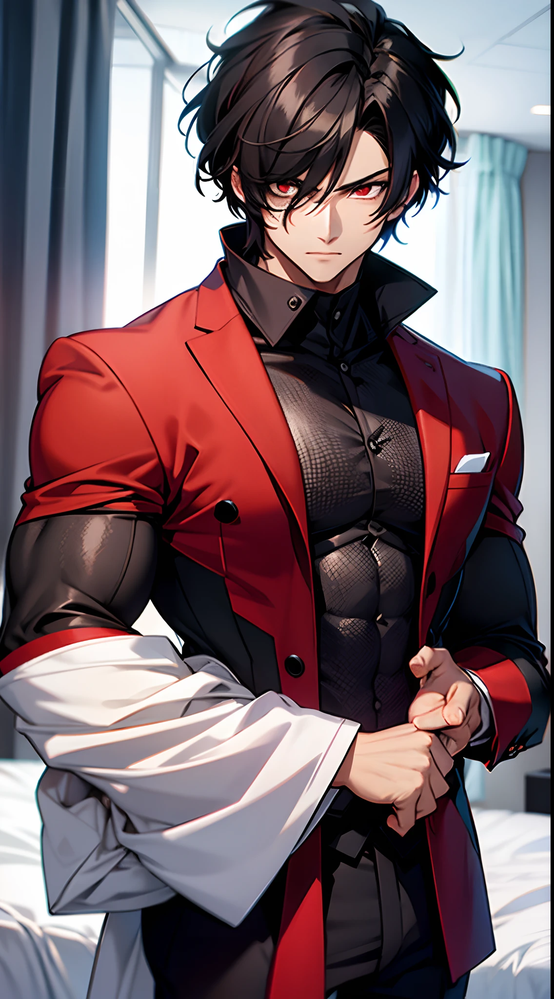Red eyes black hair with suit on bed muscular boy