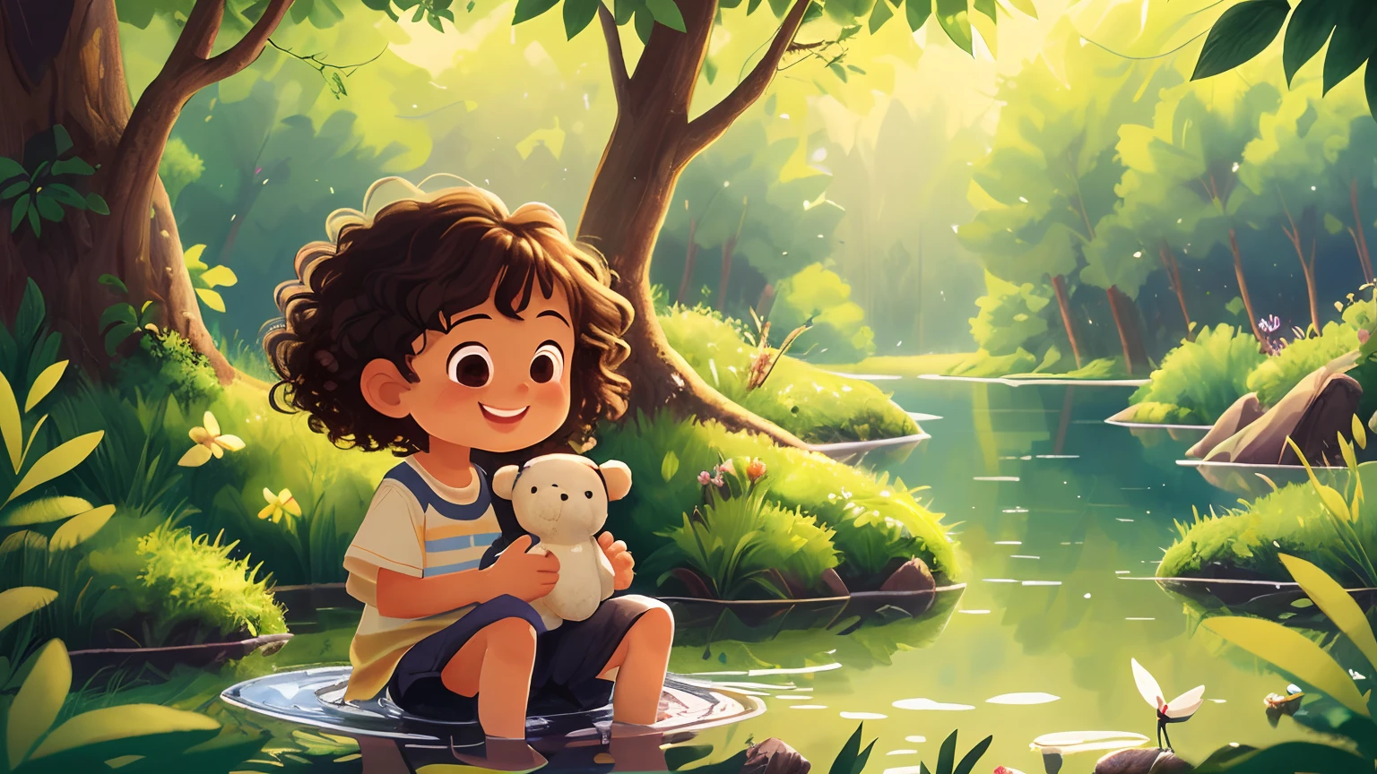 beautiful detailed eyes,beautiful detailed lips,extremely detailed eyes and face,long eyelashes,1girl,painting,oil painting,portraits,soft and warm colors,studio lighting,ultra-fine painting,realistic,photorealistic:1.37,sharp focus,high resolution,medium:landscape,water reflections,peaceful atmosphere,trees and plants surrounding the lake,tranquil and serene,gentle breeze,lake ripples,smiling expression,curly hair,delicate features,adorable outfit,holding a little teddy bear,cute and playful,forest backdrop,subtle sunlight filtering through the trees