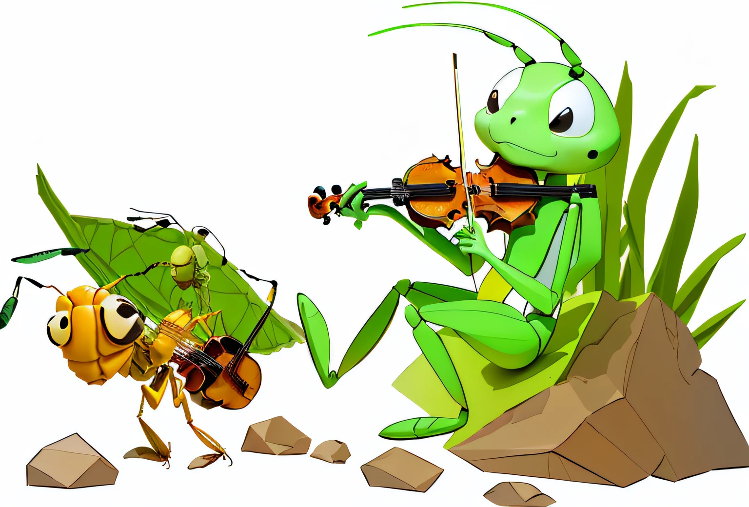 cartoon grasshopper playing violin and a bug playing violin, insects, insect, cartoon illustration, anthropomorphic praying mantis, right side composition, musician, hd illustration, bug life inside human body, shoulder in front pose, musicians, excellent composition, illustration!, ant character, artistic illustration, by Vladimír Vašíček, highly detailed composition