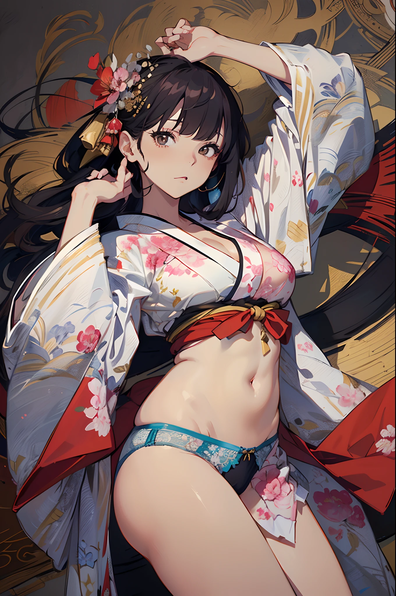 (masutepiece:1.4),ultra -detail、hyper quality、High resolution、Beautiful adult woman、Beautiful skins、(Beautiful muscles)、(((Kimono with beautiful decoration)))、(((Beautiful decorated panties)))、(((Luxury costumes)))、top-quality、16-k illustration、​masterpiece、high detailing、beatiful backgrounds、((Detailed drawing))、Perfect Photo、Perfect Beautiful Girl、spot light、cowboy  shot