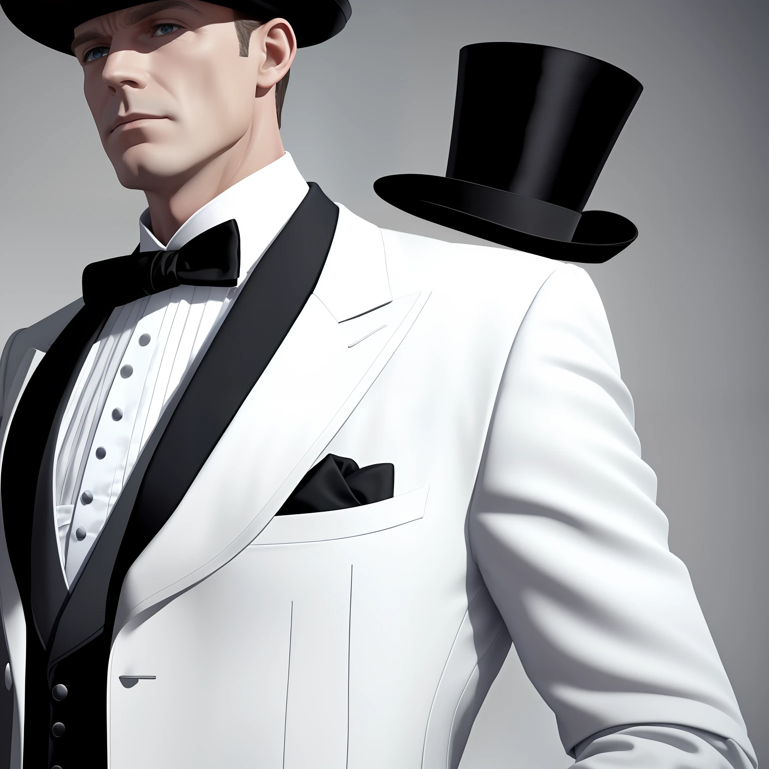 (A white man wearing a top hat，Wear a jacket and tie) | (Elegant men's mature formal wear), Cinematic 8K