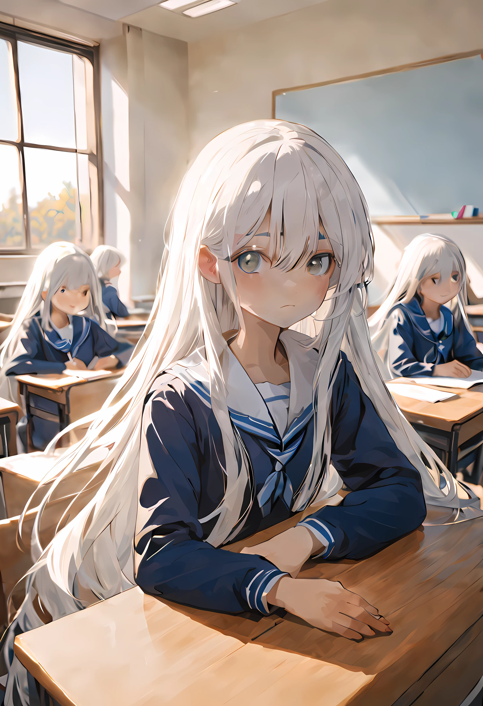 Girl, long white hair, school uniform, sitting at a desk
