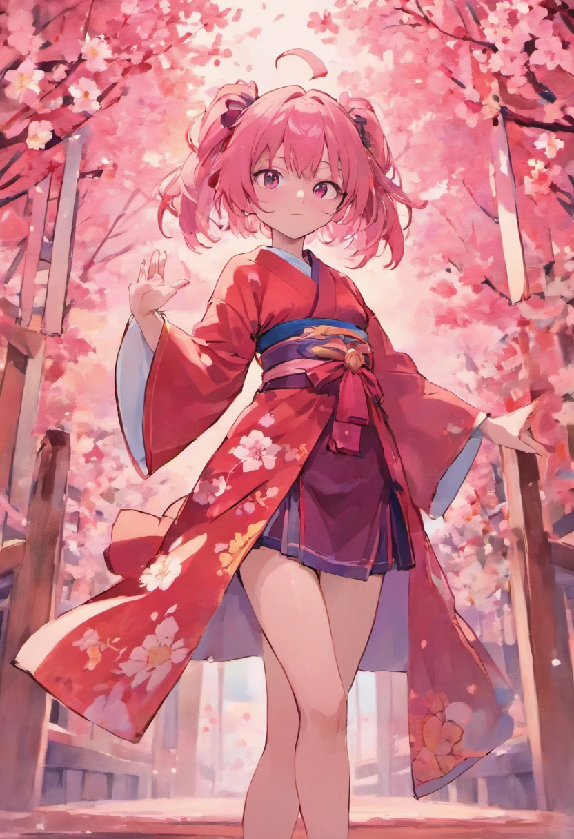 Girl with wolfcut hair and use kimono sakura. Color hair is pink. She carried katana. Eye color is red. Use sandal and tall 160cm. Full body from hair to feet. Age 17 years old