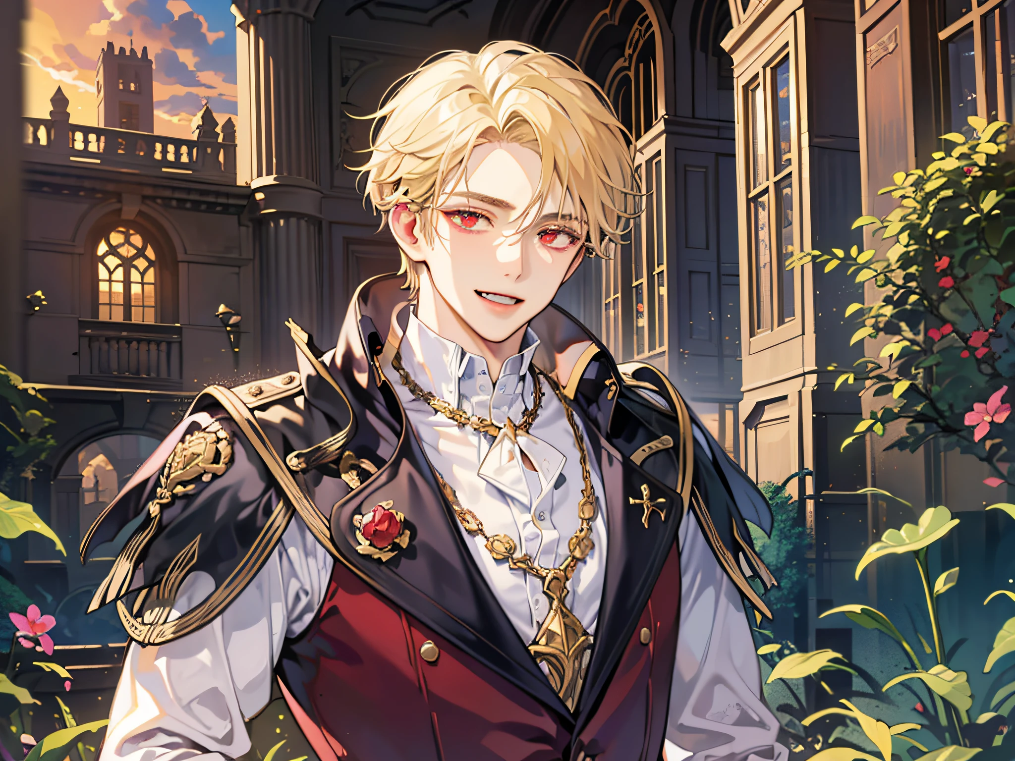 (absurderes, hight resolution, ultra-detailliert),(absurderes, hight resolution, ultra-detailliert), 1 male, Adult, Handsome, tall muscular man, broad shoulders, finely detailed  eyes and detailed face, a blond, Large Baroque mansion of the 18th century, garden, nobles, nobles, Elegant, neat, Graceful, Sunset, Scenery, Smiling upper body, Attractive, Red Eyes, Vampire Fangs, Red Eyes