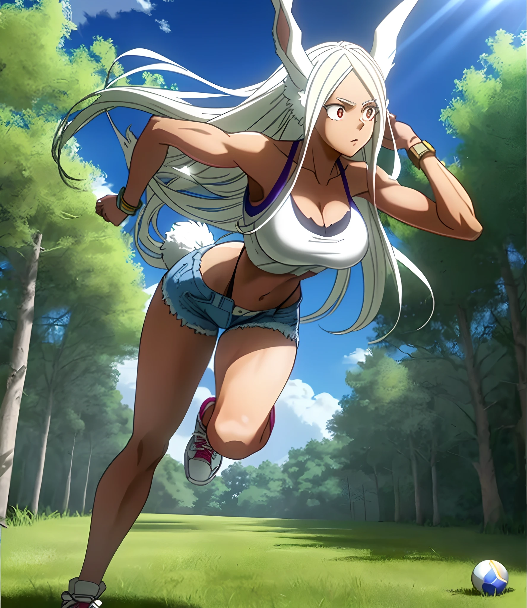 [Miruko; Boku no hiro academia], ((masterpiece)), ((HD)), ((high quality)), ((solo portrait)), ((full body)), ((front view)), ((anime)), ((Kohei Horikoshi)), ((detailed shading)), ((beautiful render art)), ((cinematic lighting)), ((intricate details)), {Miruko; (dark skin), cute maroon eyes, long eyelashes, long white hair, long white bunny ears, small fluffy white bunny tail, large boobs, (defined abs), (muscular legs), (defined arm muscles), gorgeous hips), (expressionless), (beautiful lips)}, {(white crop top with purple lines), (cleavage), (midriff), (pale blue tight ripped jean shorts), (watch on wrist), (white high-top sneakers), (black thong straps on hips)}, {(walking), (hand on head), (looking at viewer)}, [Background; (park), (grass), (trees), (blue sky), (sun rays)]