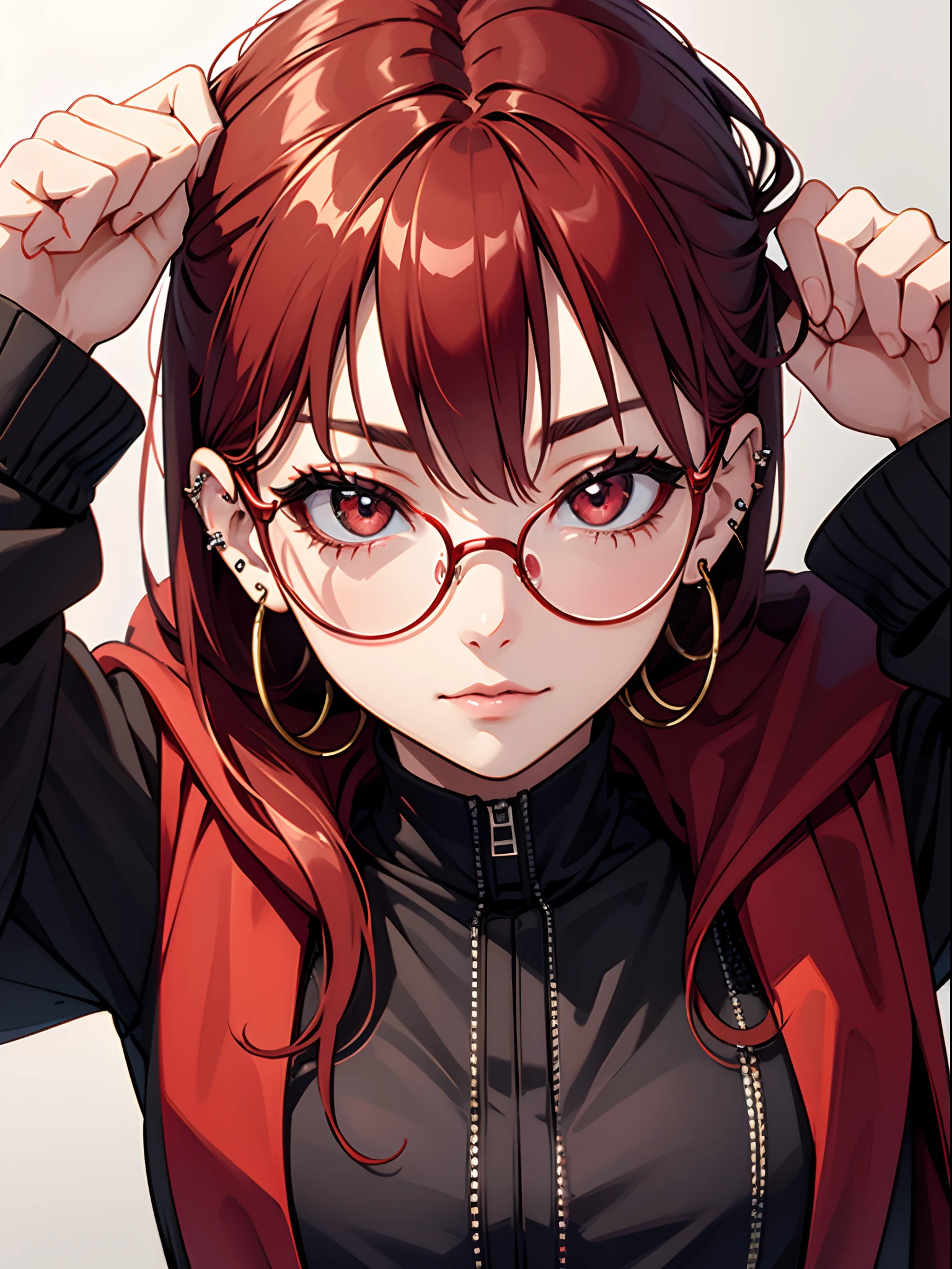 Anime girl with red hair and glasses holding her head - SeaArt AI