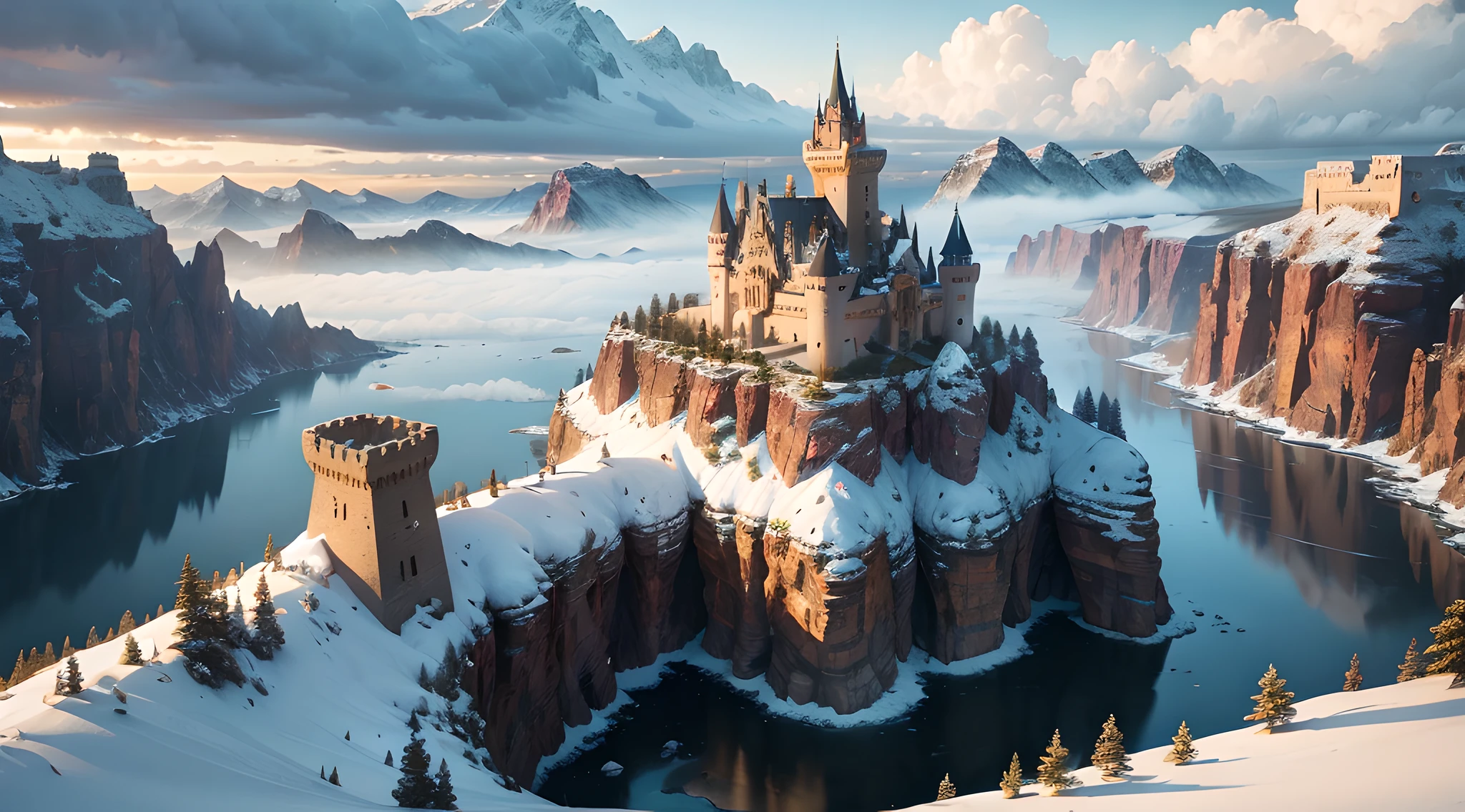 ultraclear,Castle in the canyon,((Complete castle)),(Ultra-clear castle),splendid,A majestic,glorious,stately,splendid,Surrounded by mountains on three sides,Central of the lake,There is fog on the lake,surrounded by cloud,chilly,Winters,(((nevando)))