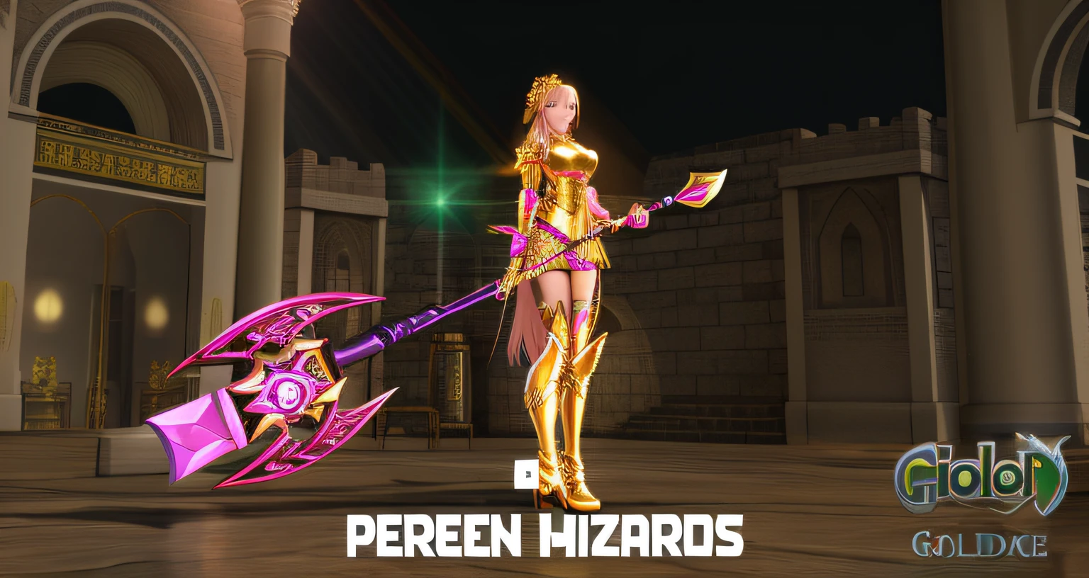Arafed image of a woman in golden armor holding a pink mythological axe