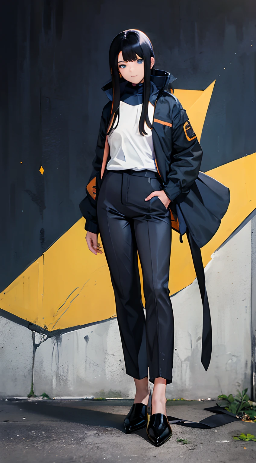 1 sweet smiling girl, Naruto Uzumaki, wearing a long black coat, wearing long black trousers, wearing black shoes, slightly long hair, yellow hair, blue eyes, 70 mm lens